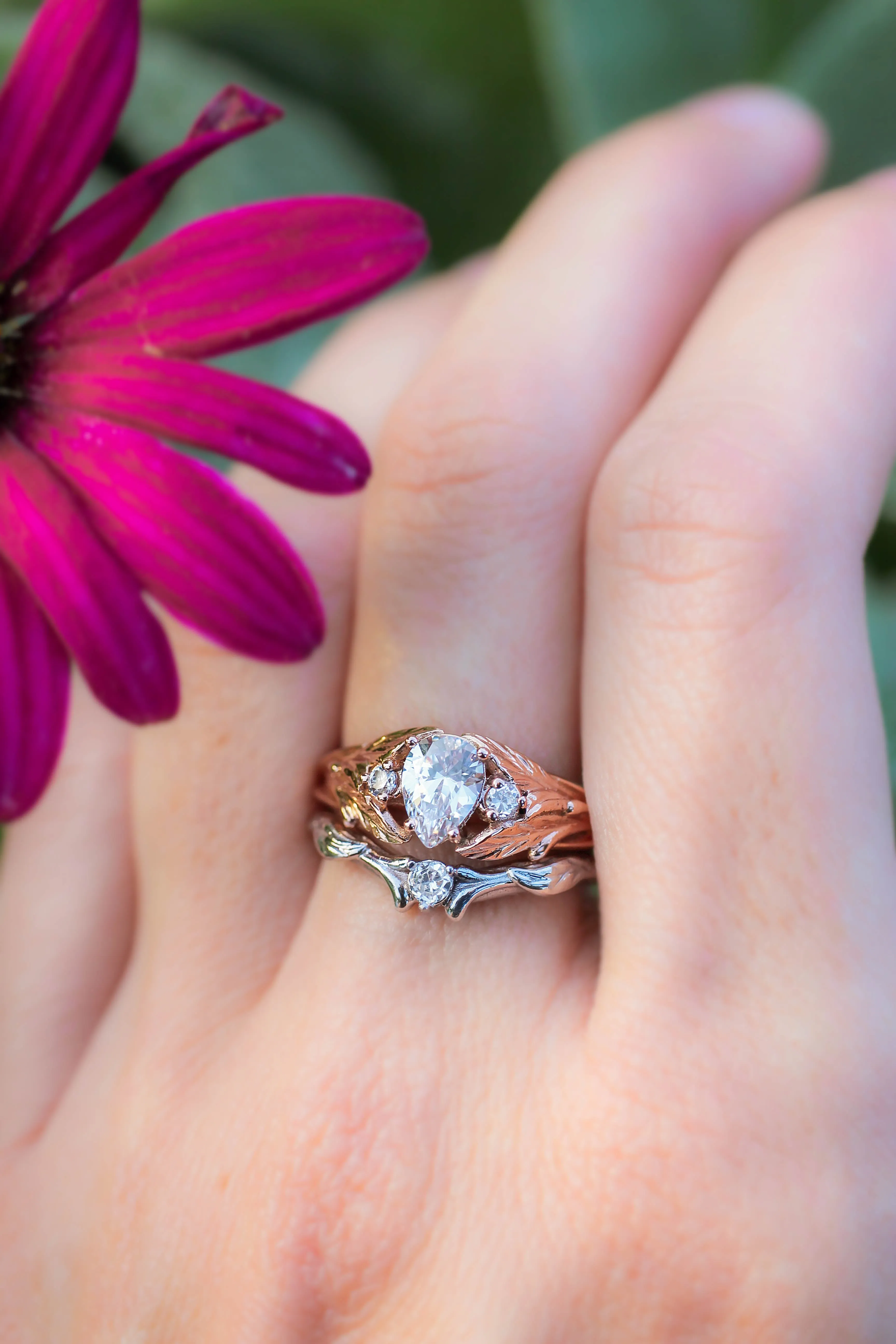 Pear cut moissanite engagement ring, leaf style band / Wisteria