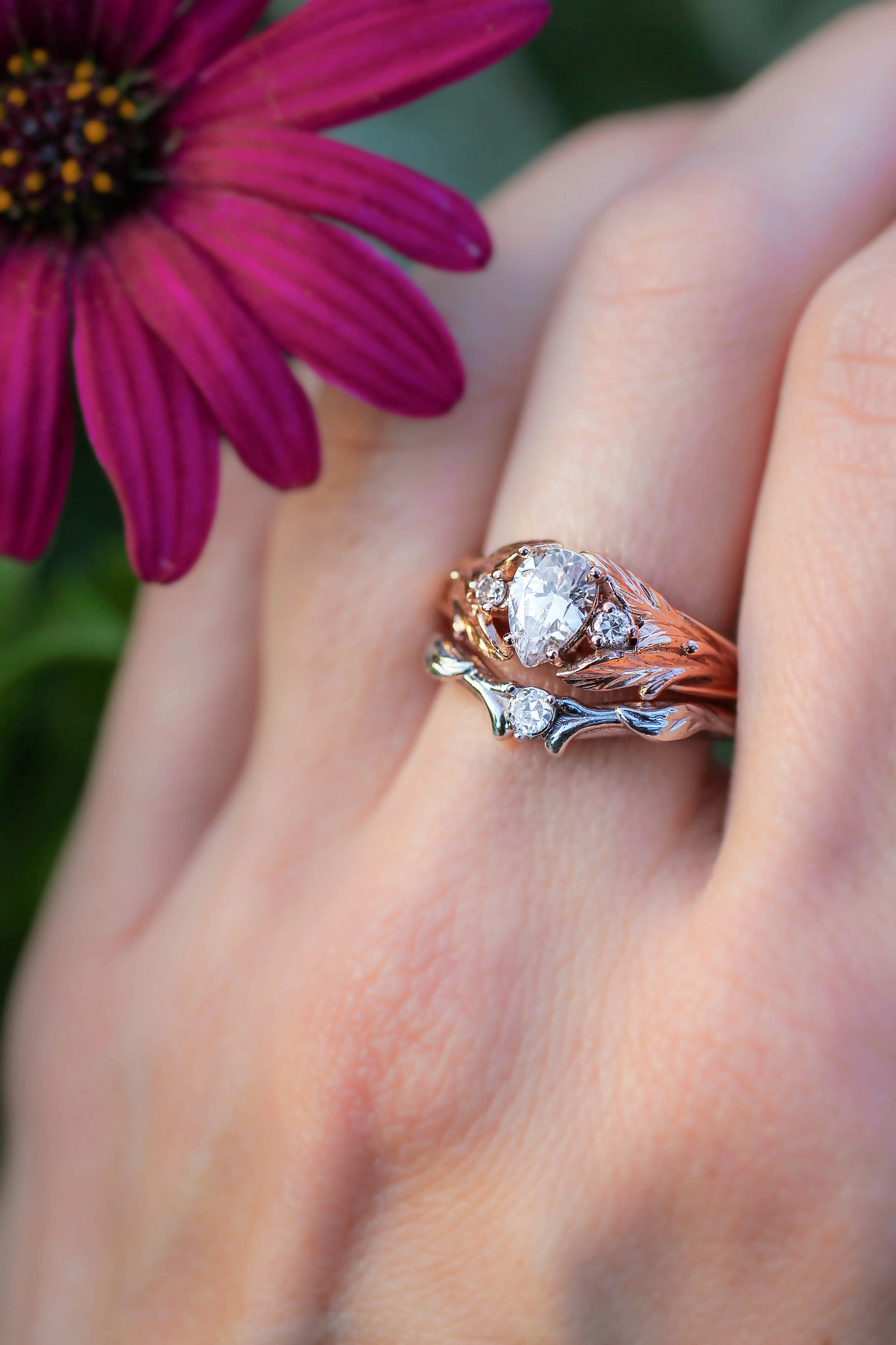 Pear cut moissanite engagement ring, leaf style band / Wisteria