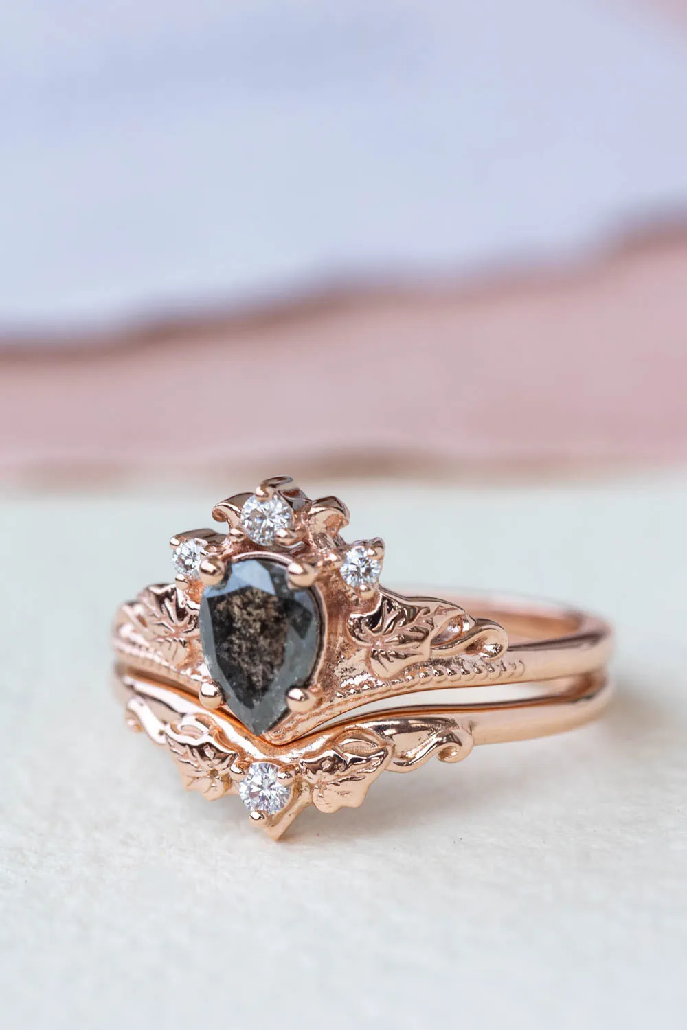 Pear cut salt & pepper diamond bridal ring set / Ariadne
