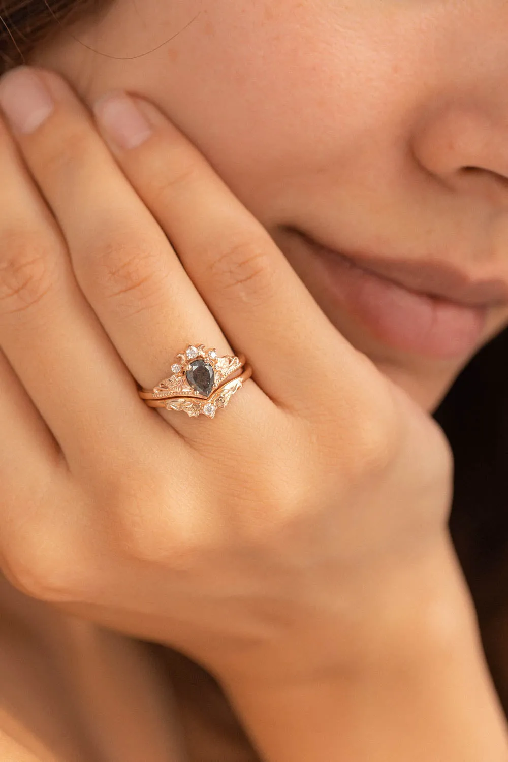 Pear cut salt & pepper diamond bridal ring set / Ariadne