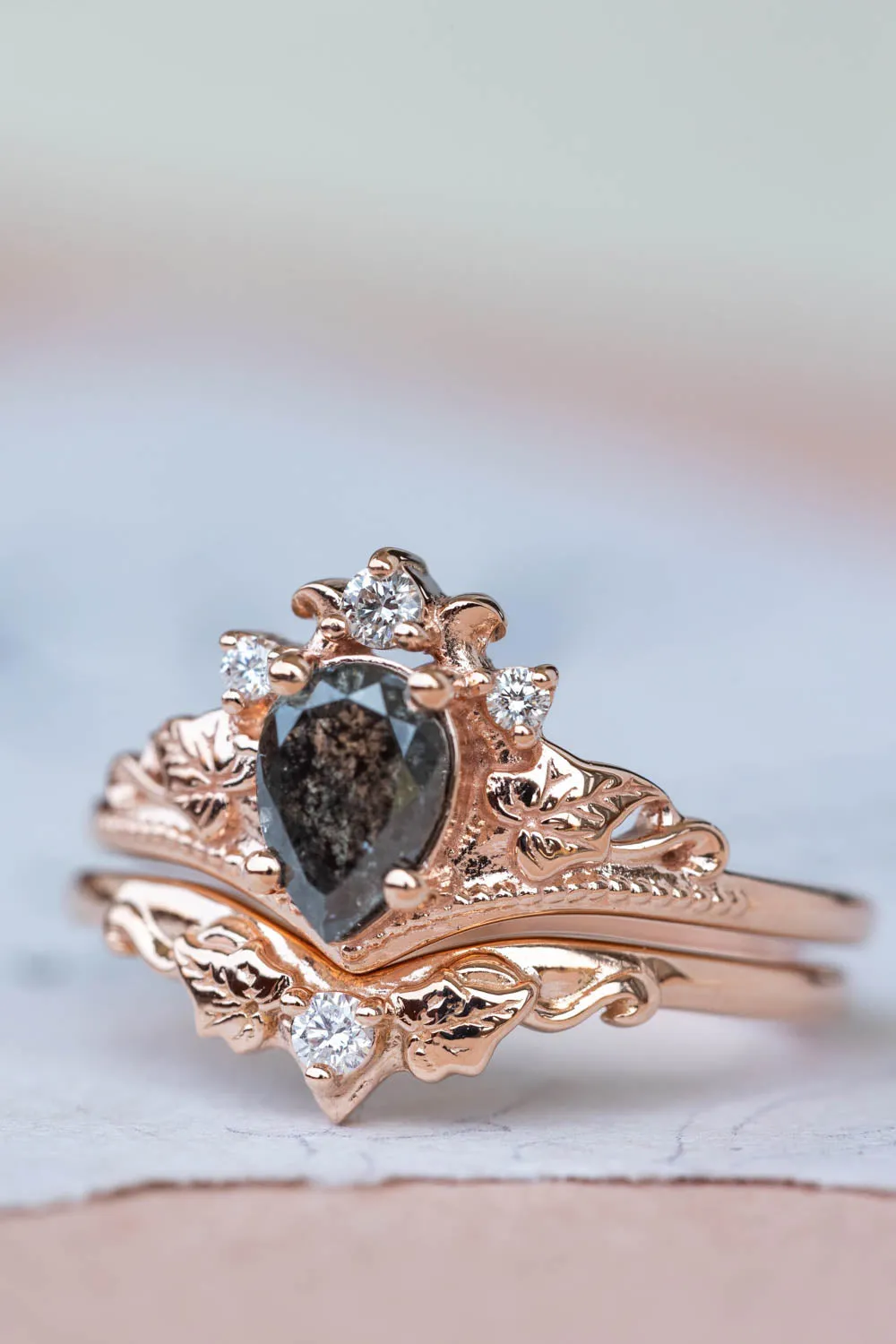 Pear cut salt & pepper diamond bridal ring set / Ariadne