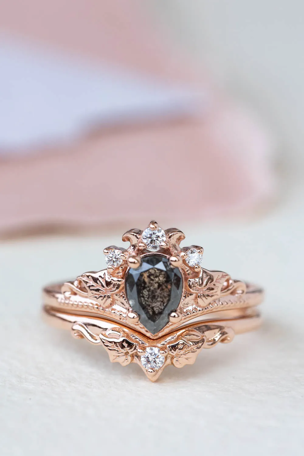 Pear cut salt & pepper diamond bridal ring set / Ariadne