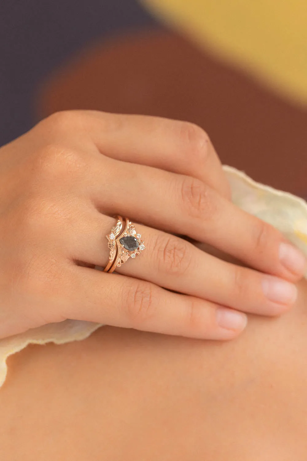 Pear cut salt & pepper diamond bridal ring set / Ariadne