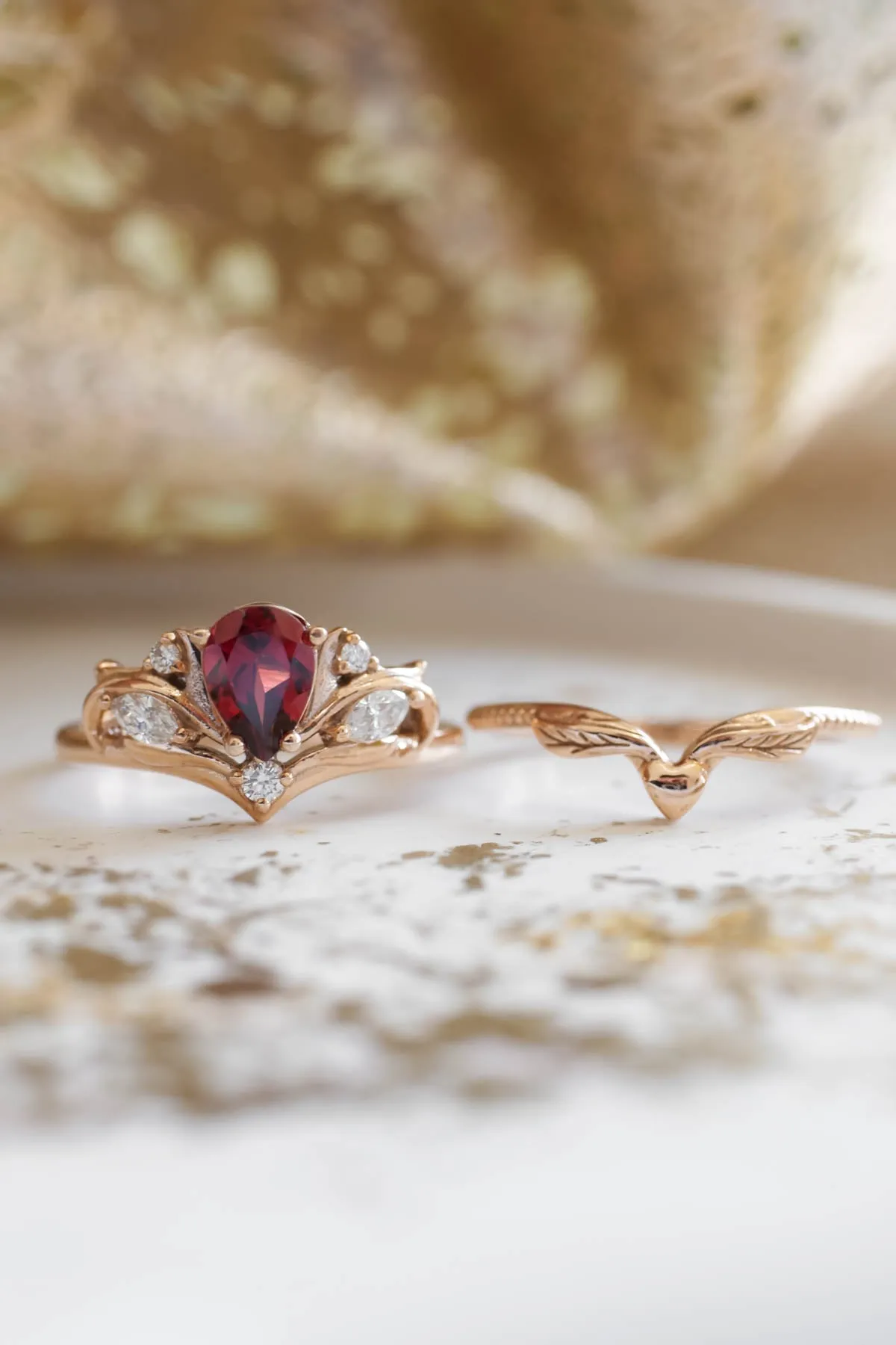 Pear shaped garnet engagement ring, alternative bridal ring set / Swanlake