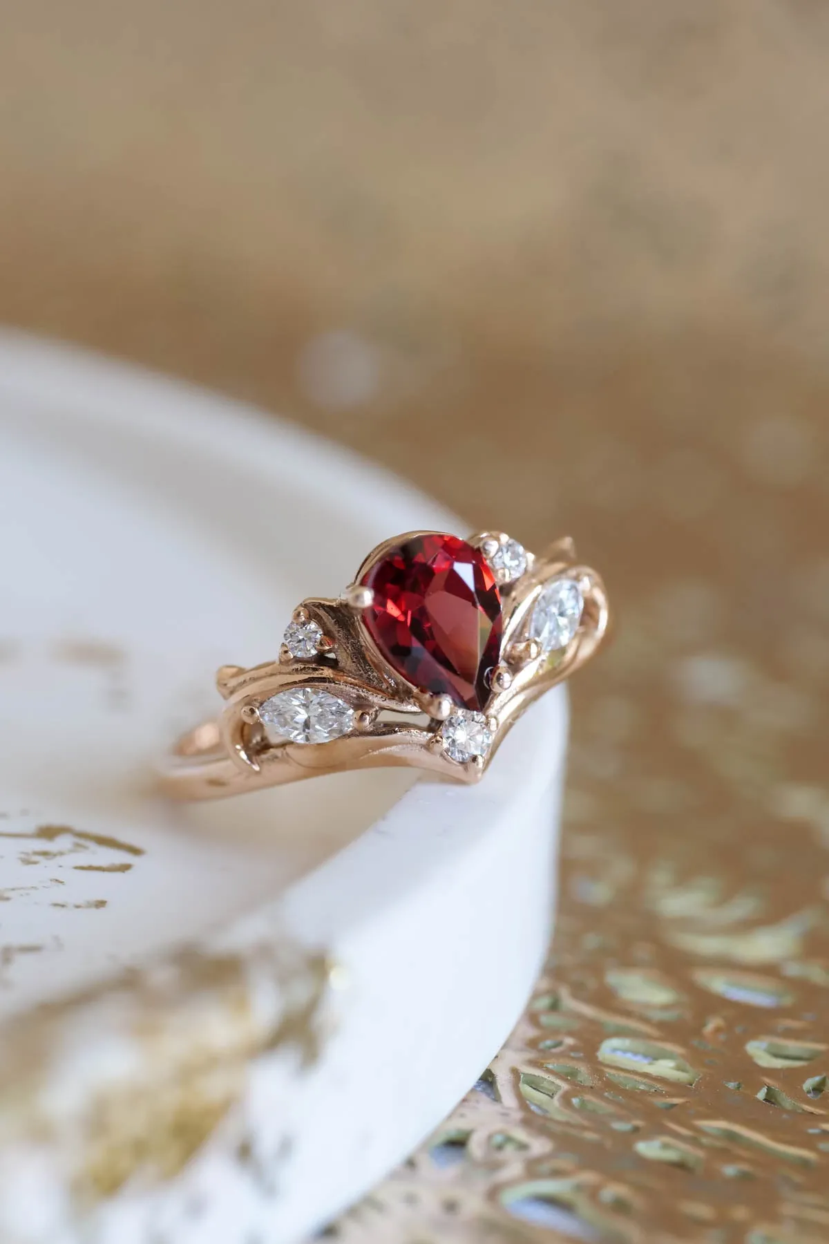 Pear shaped garnet engagement ring, alternative bridal ring set / Swanlake