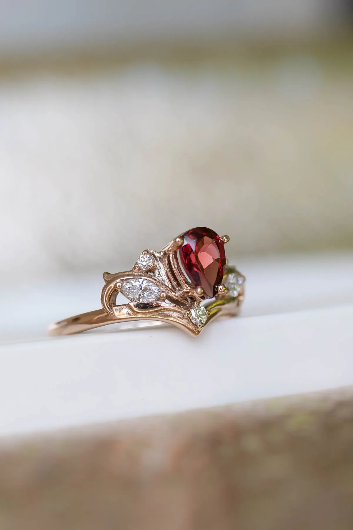 Pear shaped garnet engagement ring, alternative bridal ring set / Swanlake