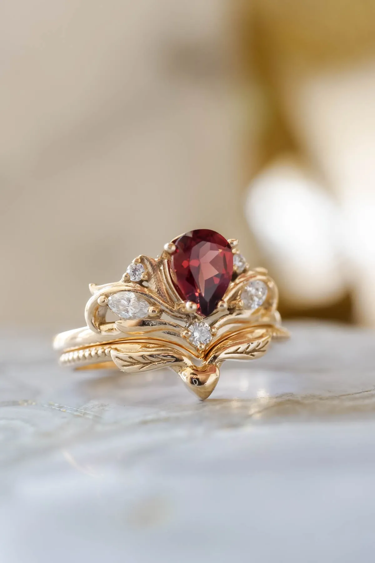 Pear shaped garnet engagement ring, alternative bridal ring set / Swanlake