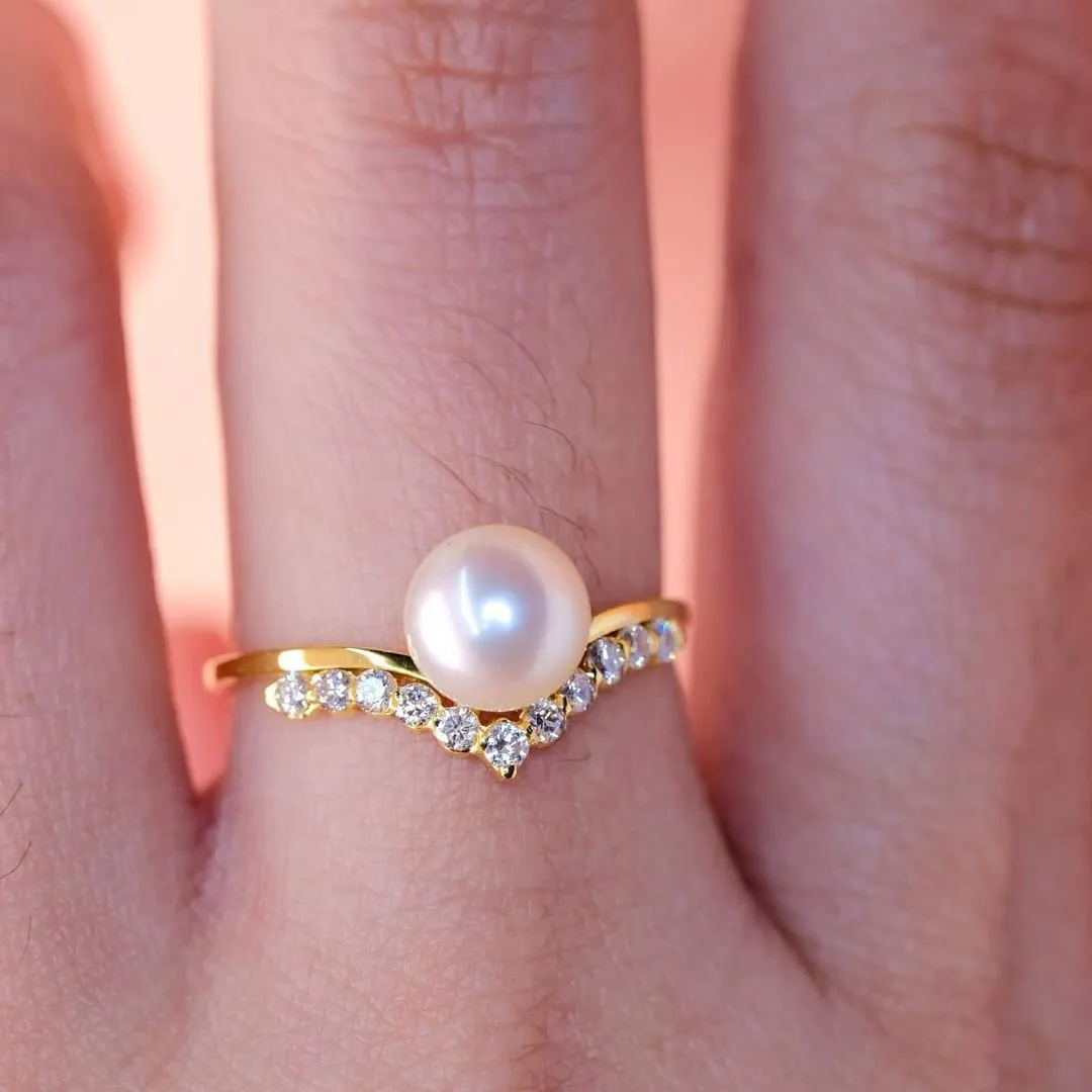 Pearl Diamond Bridal V-Shaped Wedding Ring / Women's Stacking Ring