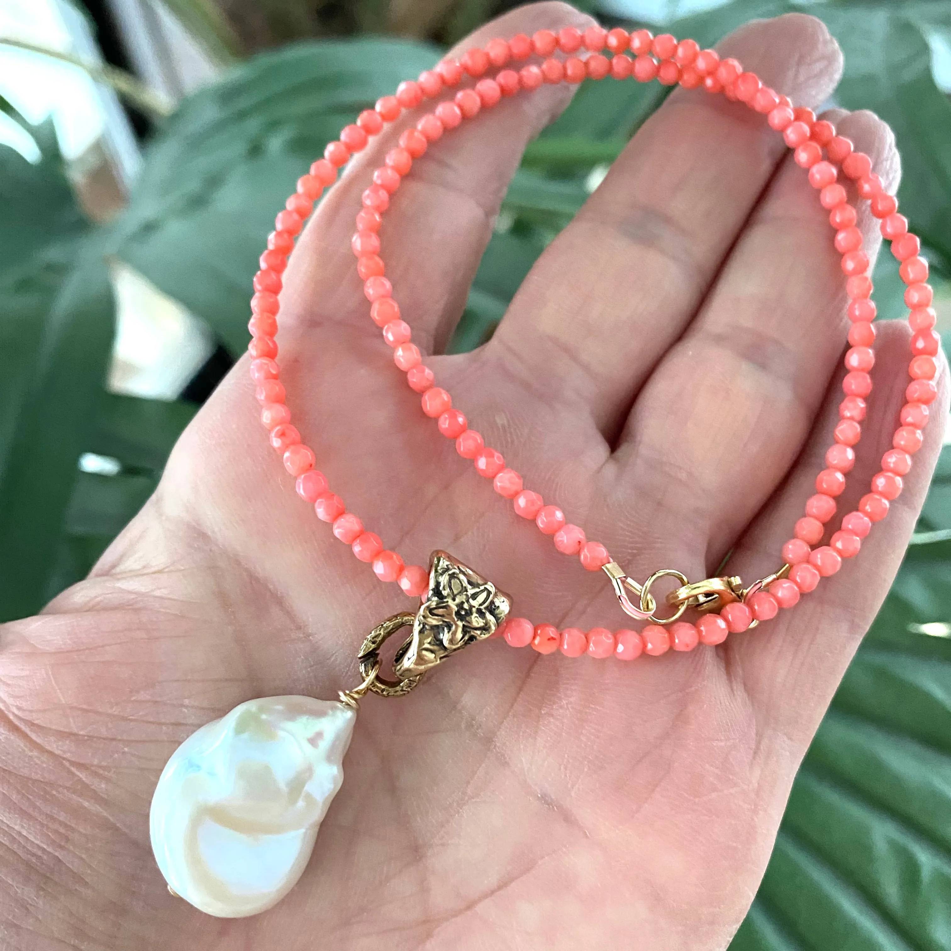 Pink Coral Beads and Baroque Pearl Pendant Necklace