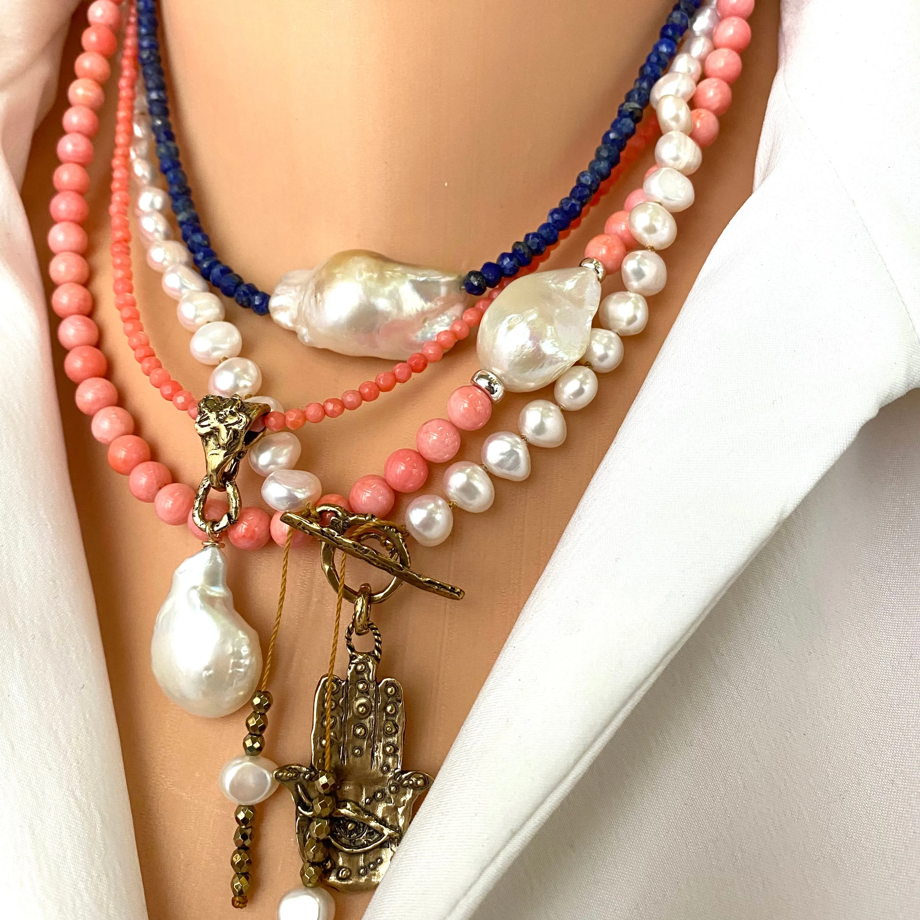 Pink Coral Beads and Baroque Pearl Pendant Necklace