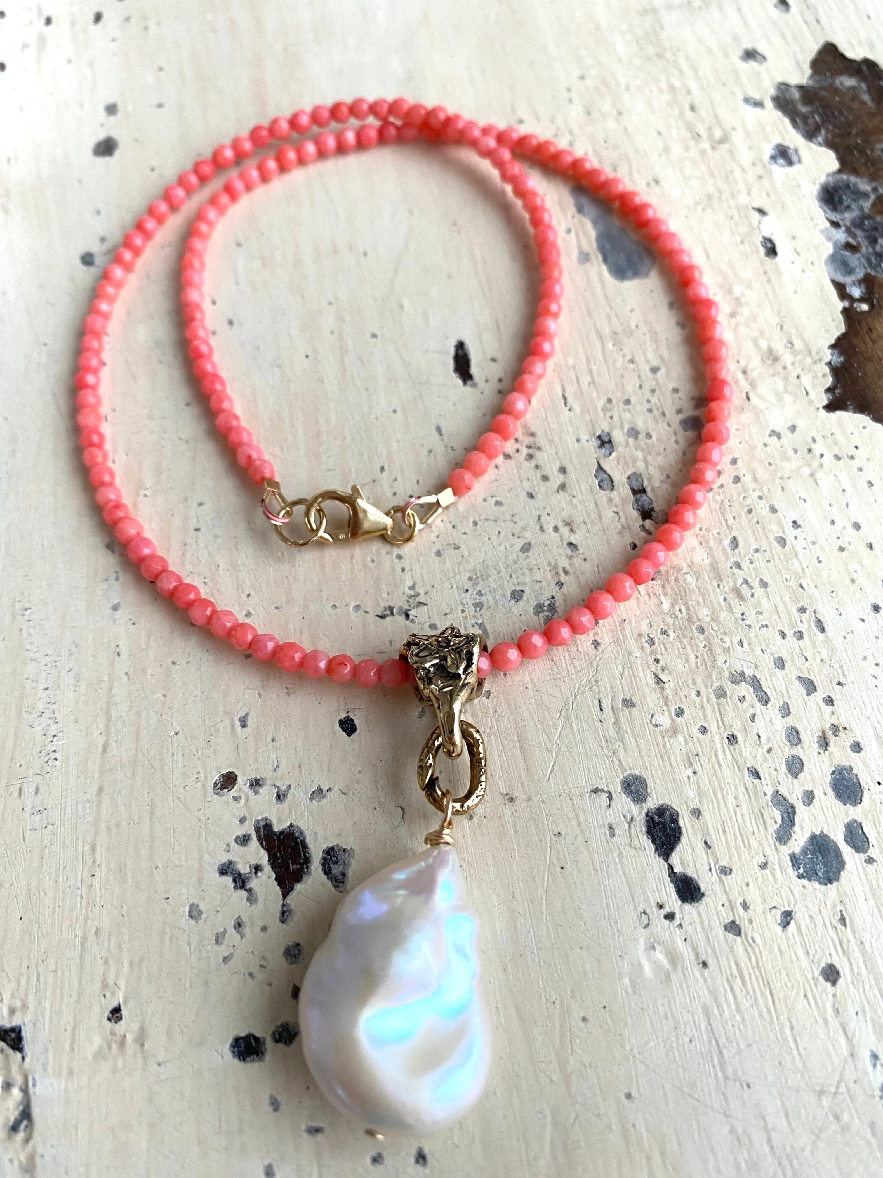 Pink Coral Beads and Baroque Pearl Pendant Necklace