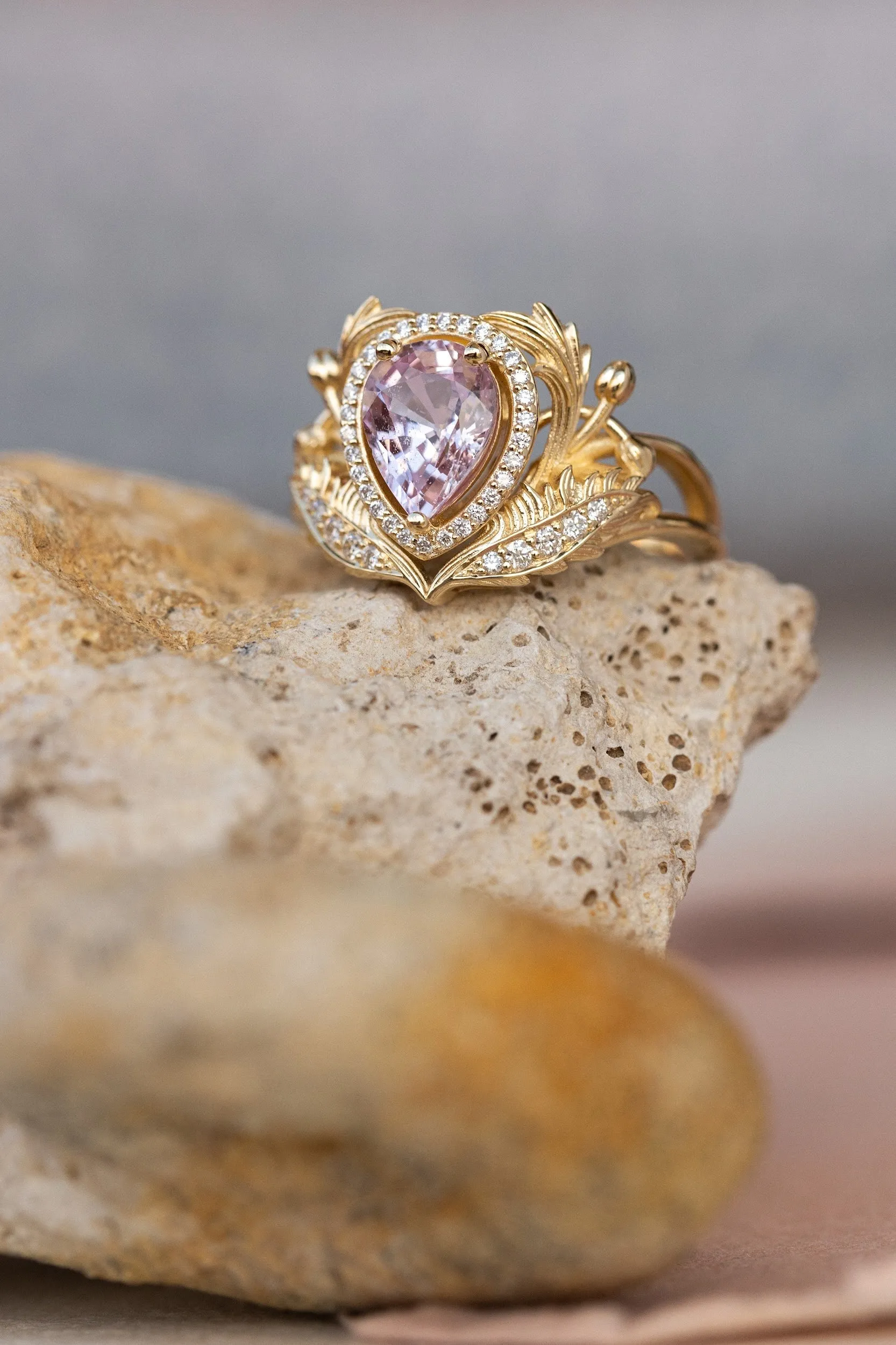 READY TO SHIP: Adonis halo ring in 18K yellow gold, natural pink sapphire pear cut 8x6 mm, accents natural diamonds, AVAILABLE RING SIZES: 4.5-6.5US
