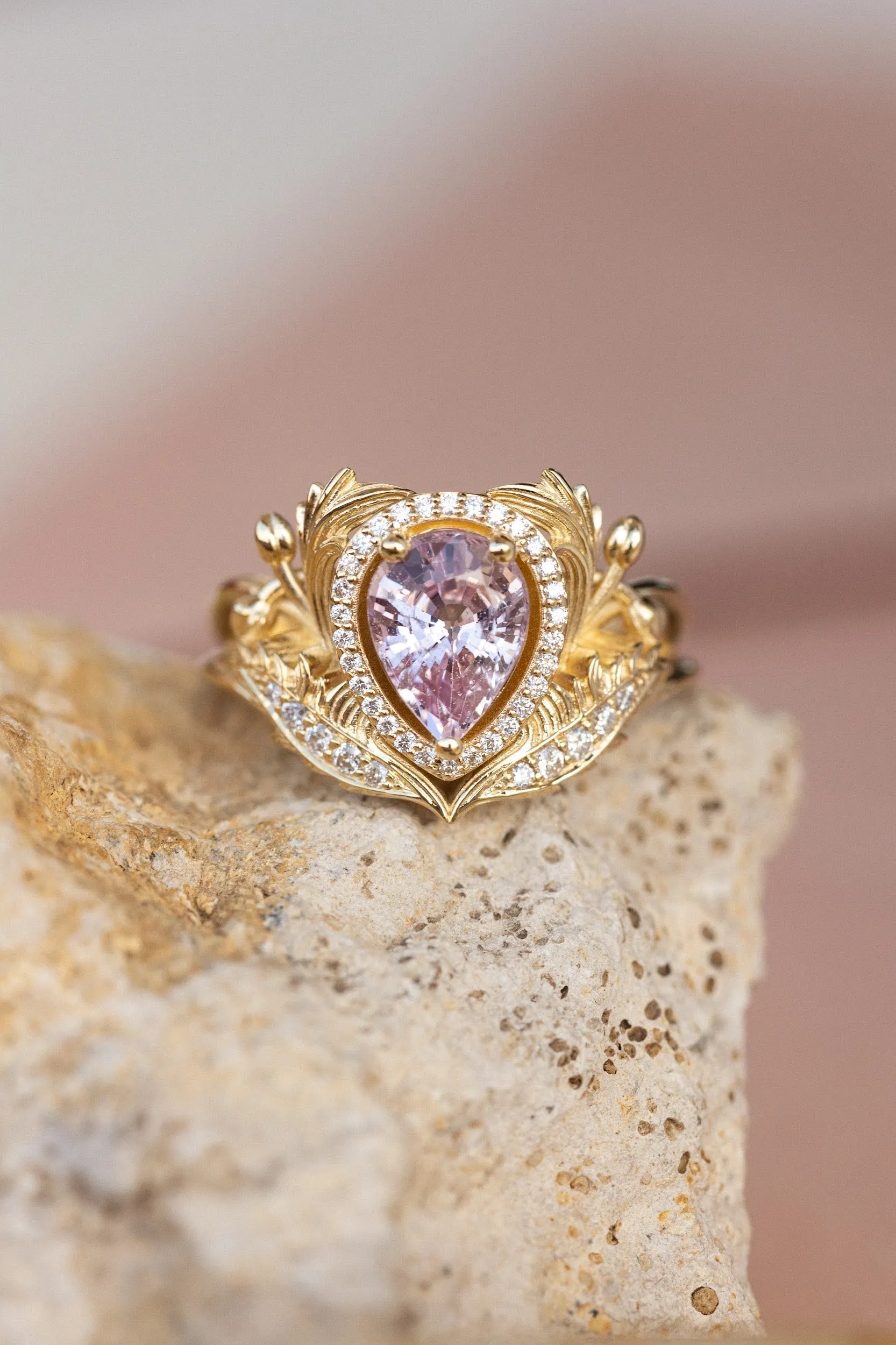 READY TO SHIP: Adonis halo ring in 18K yellow gold, natural pink sapphire pear cut 8x6 mm, accents natural diamonds, AVAILABLE RING SIZES: 4.5-6.5US
