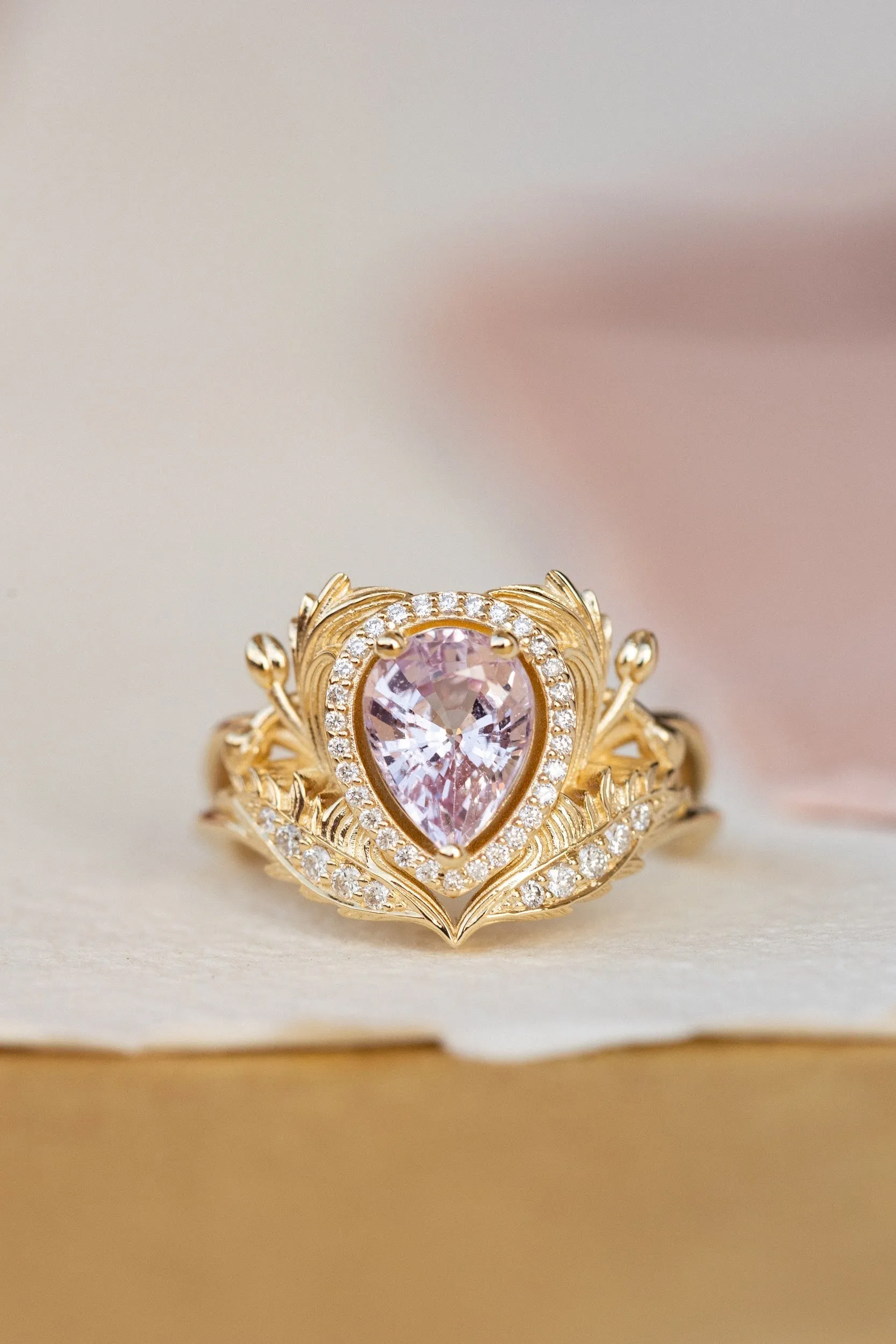 READY TO SHIP: Adonis halo ring in 18K yellow gold, natural pink sapphire pear cut 8x6 mm, accents natural diamonds, AVAILABLE RING SIZES: 4.5-6.5US