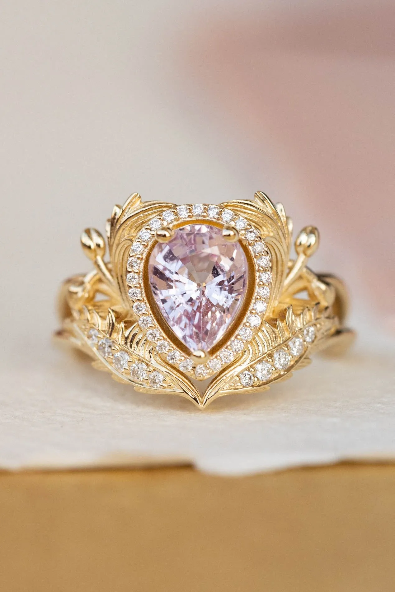 READY TO SHIP: Adonis halo ring in 18K yellow gold, natural pink sapphire pear cut 8x6 mm, accents natural diamonds, AVAILABLE RING SIZES: 4.5-6.5US