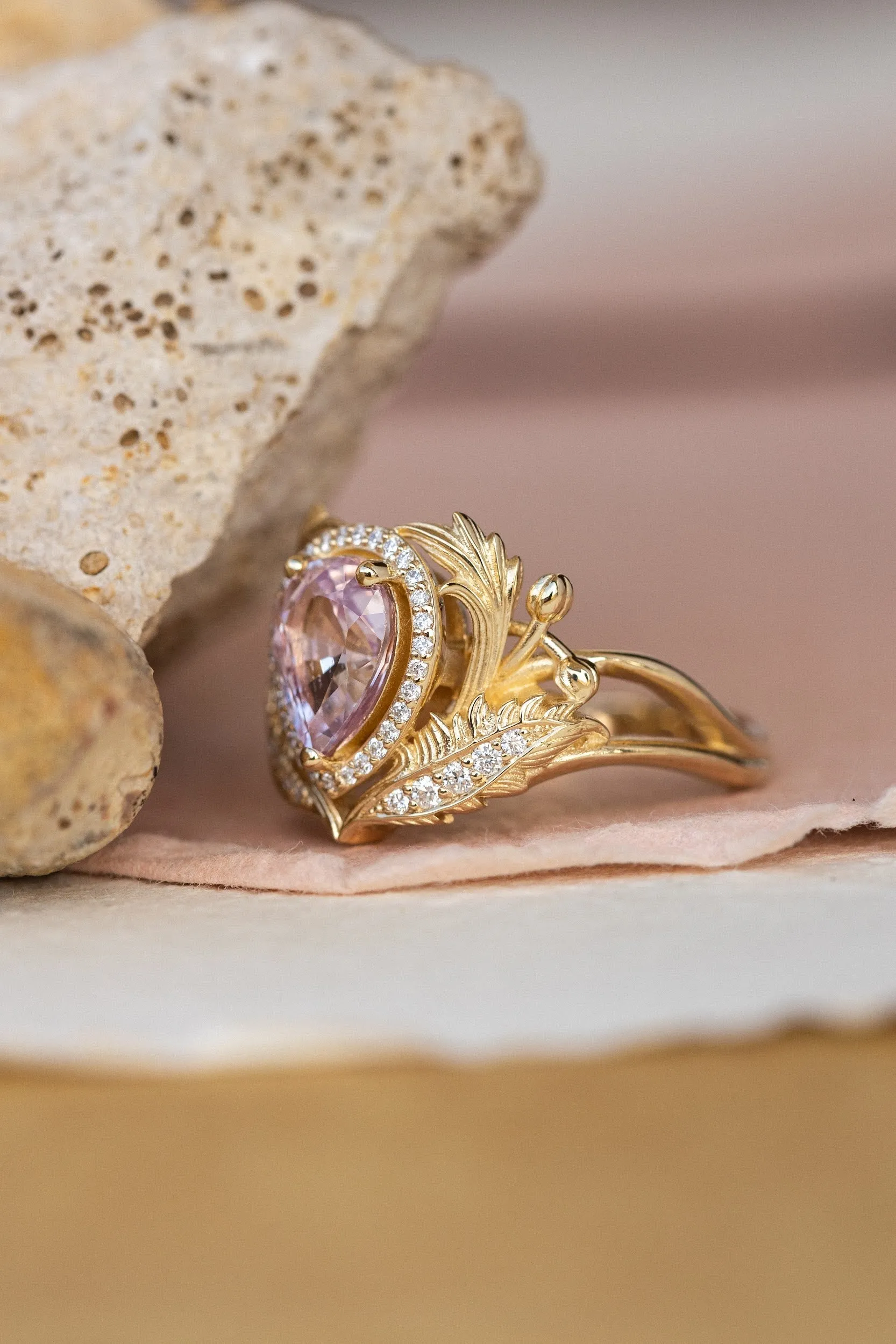 READY TO SHIP: Adonis halo ring in 18K yellow gold, natural pink sapphire pear cut 8x6 mm, accents natural diamonds, AVAILABLE RING SIZES: 4.5-6.5US