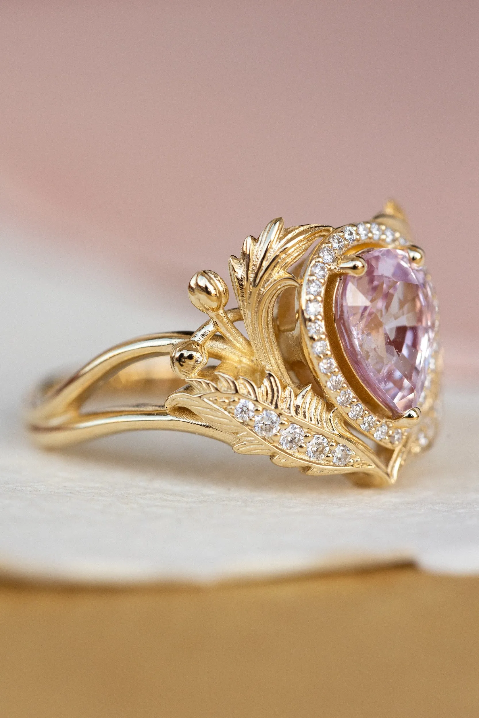 READY TO SHIP: Adonis halo ring in 18K yellow gold, natural pink sapphire pear cut 8x6 mm, accents natural diamonds, AVAILABLE RING SIZES: 4.5-6.5US