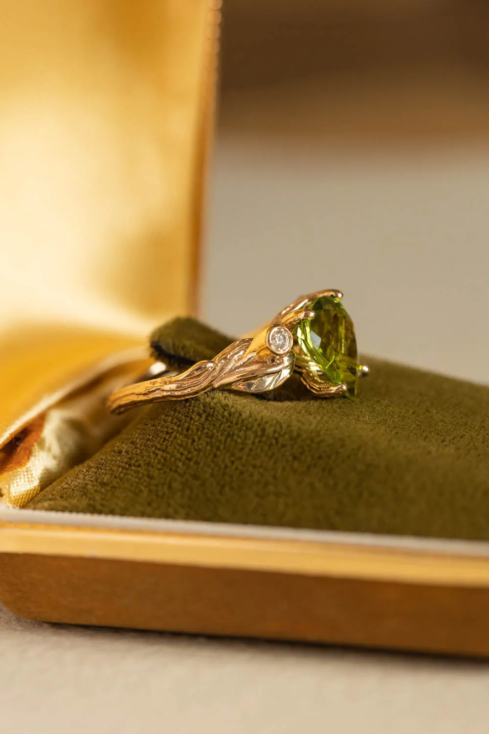 READY TO SHIP: Arius ring in 14K yellow gold, pear peridot 10x7 mm, diamonds, AVAILABLE RING SIZES: 6-8 US