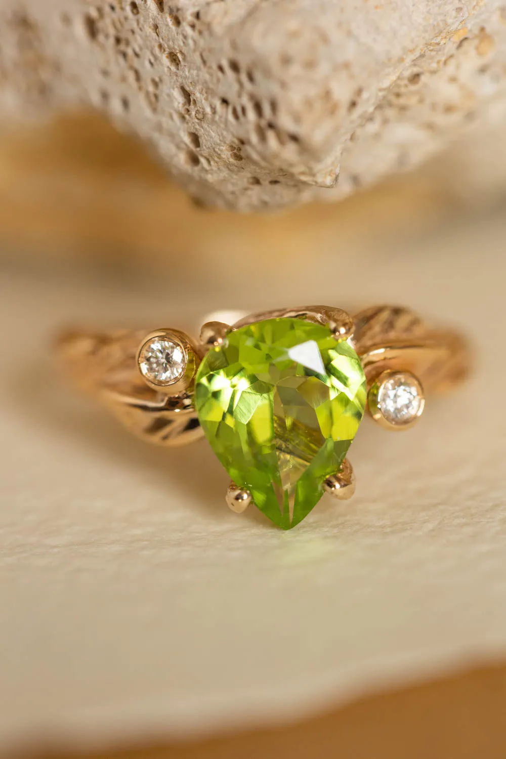 READY TO SHIP: Arius ring in 14K yellow gold, pear peridot 10x7 mm, diamonds, AVAILABLE RING SIZES: 6-8 US