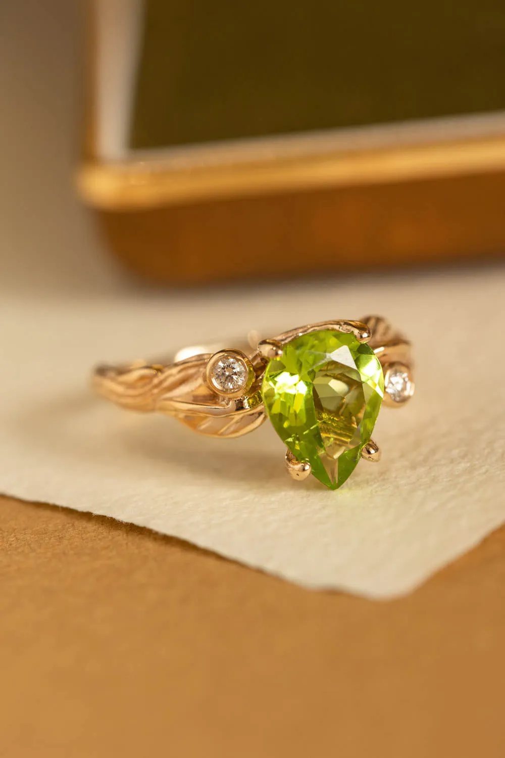 READY TO SHIP: Arius ring in 14K yellow gold, pear peridot 10x7 mm, diamonds, AVAILABLE RING SIZES: 6-8 US