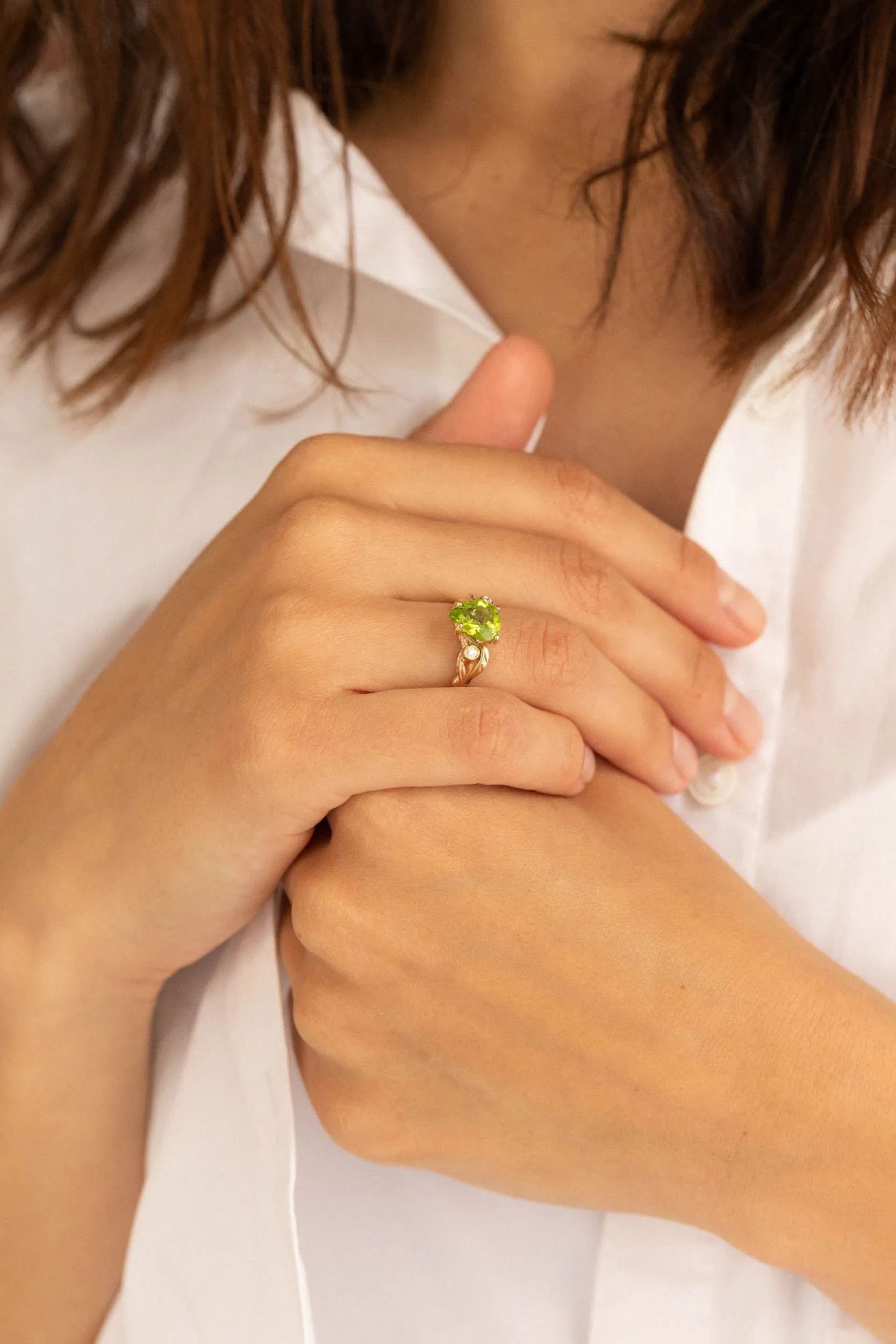 READY TO SHIP: Arius ring in 14K yellow gold, pear peridot 10x7 mm, diamonds, AVAILABLE RING SIZES: 6-8 US