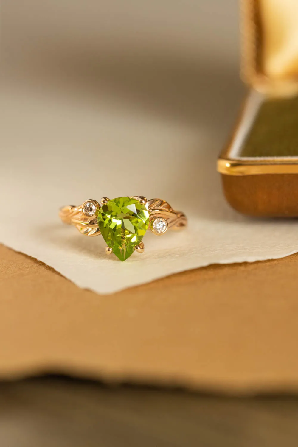 READY TO SHIP: Arius ring in 14K yellow gold, pear peridot 10x7 mm, diamonds, AVAILABLE RING SIZES: 6-8 US