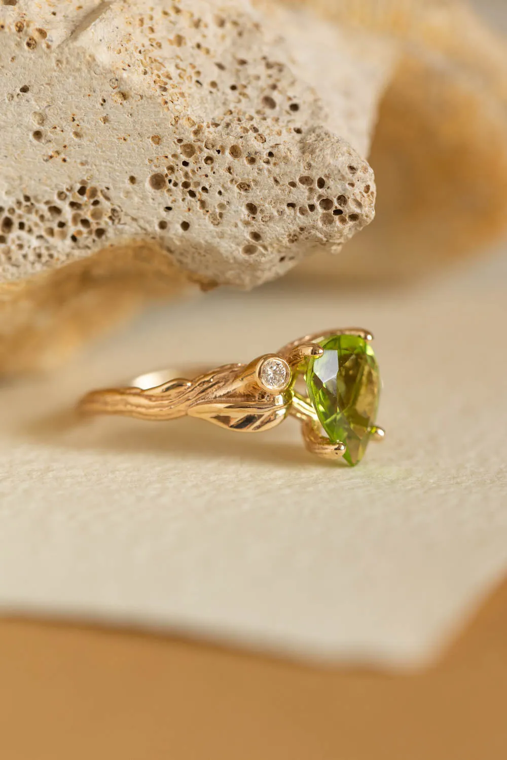 READY TO SHIP: Arius ring in 14K yellow gold, pear peridot 10x7 mm, diamonds, AVAILABLE RING SIZES: 6-8 US