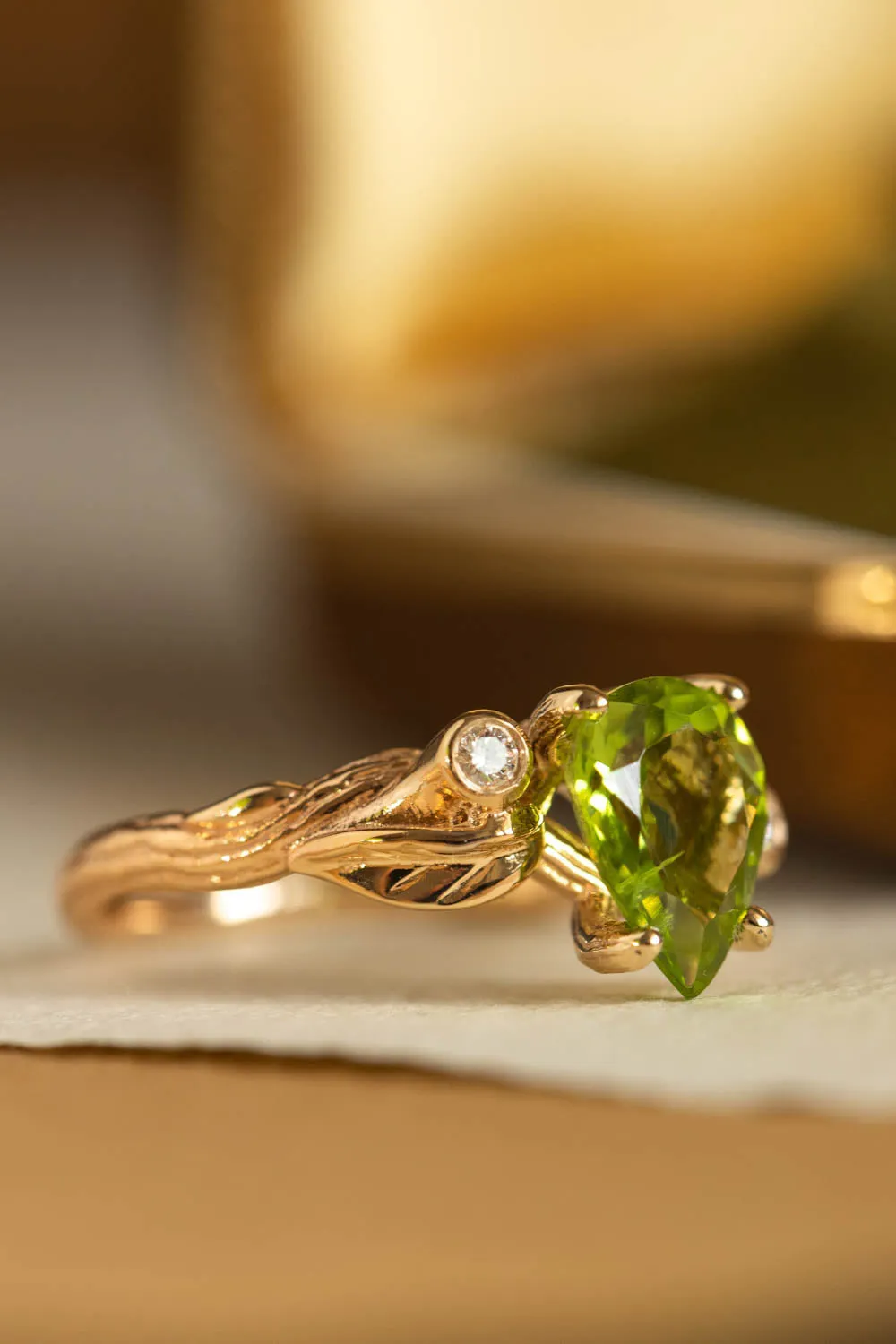 READY TO SHIP: Arius ring in 14K yellow gold, pear peridot 10x7 mm, diamonds, AVAILABLE RING SIZES: 6-8 US
