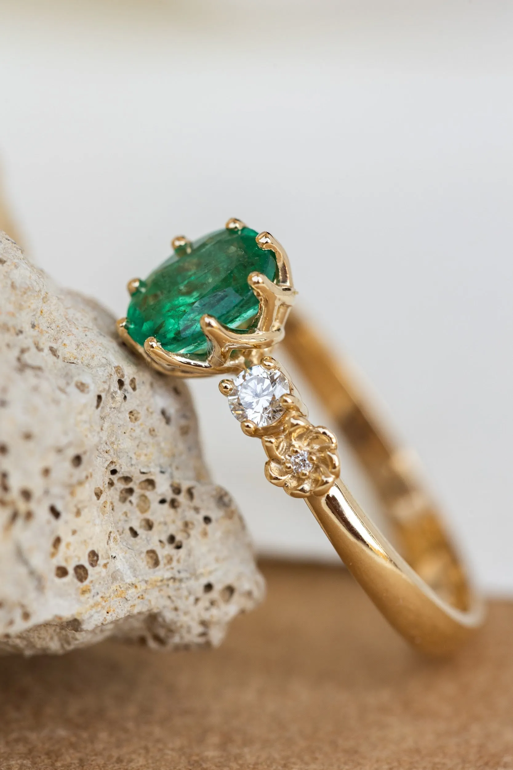 READY TO SHIP: Fiorella ring in 14K yellow gold, natural emerald oval cut 8x6 mm, accents natural diamonds, AVAILABLE RING SIZES: 8.75-10.75US