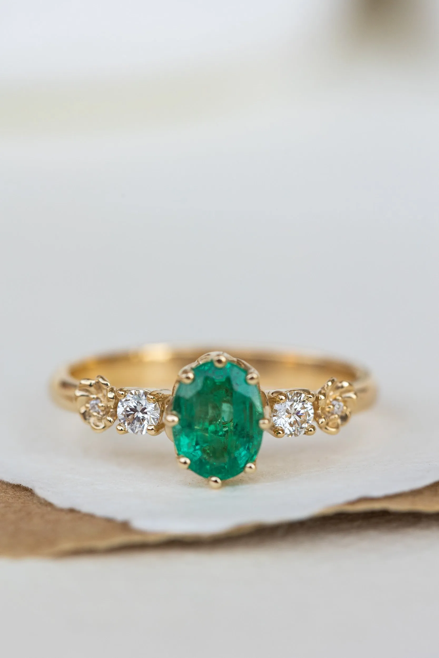 READY TO SHIP: Fiorella ring in 14K yellow gold, natural emerald oval cut 8x6 mm, accents natural diamonds, AVAILABLE RING SIZES: 8.75-10.75US