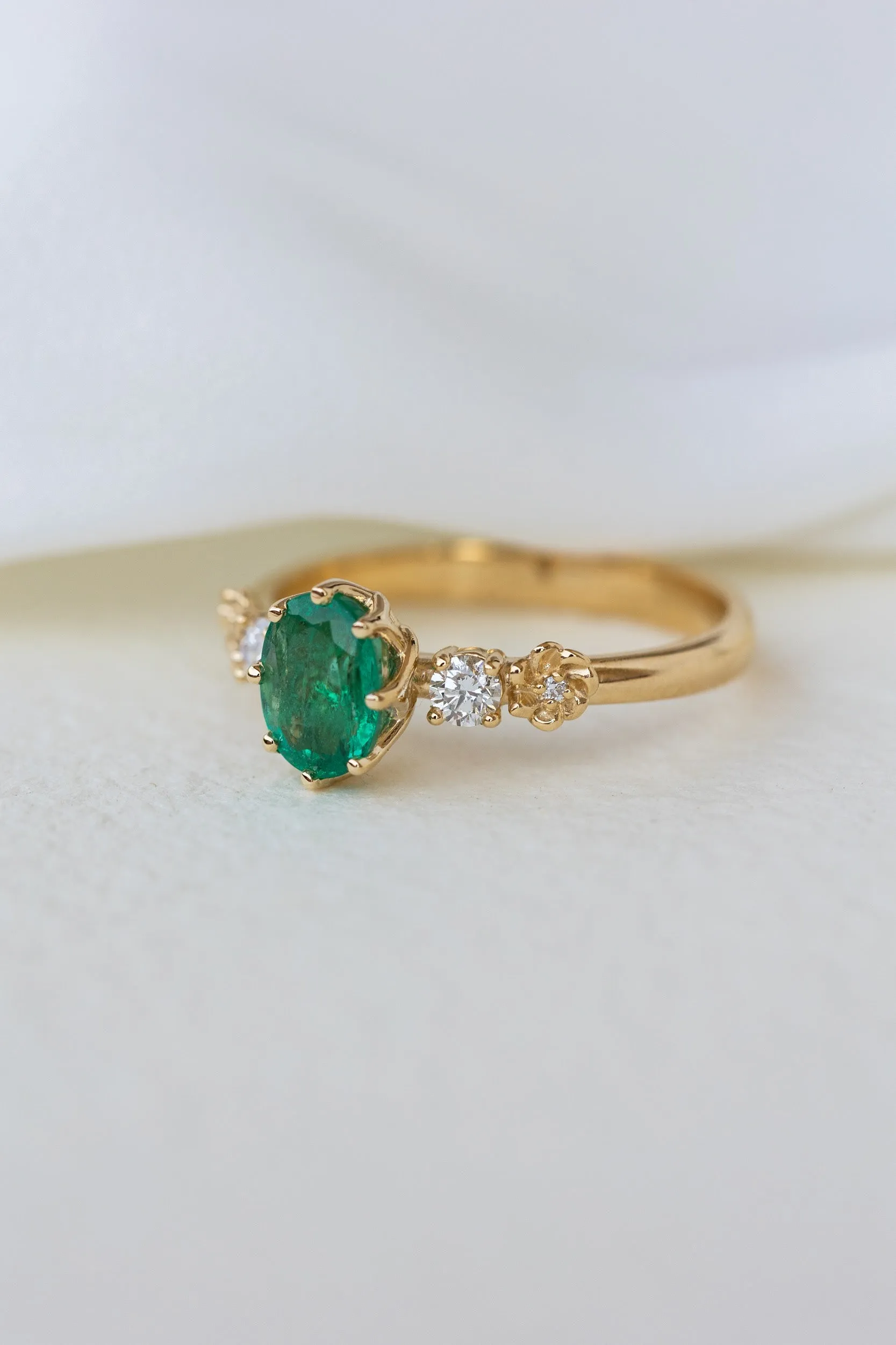 READY TO SHIP: Fiorella ring in 14K yellow gold, natural emerald oval cut 8x6 mm, accents natural diamonds, AVAILABLE RING SIZES: 8.75-10.75US
