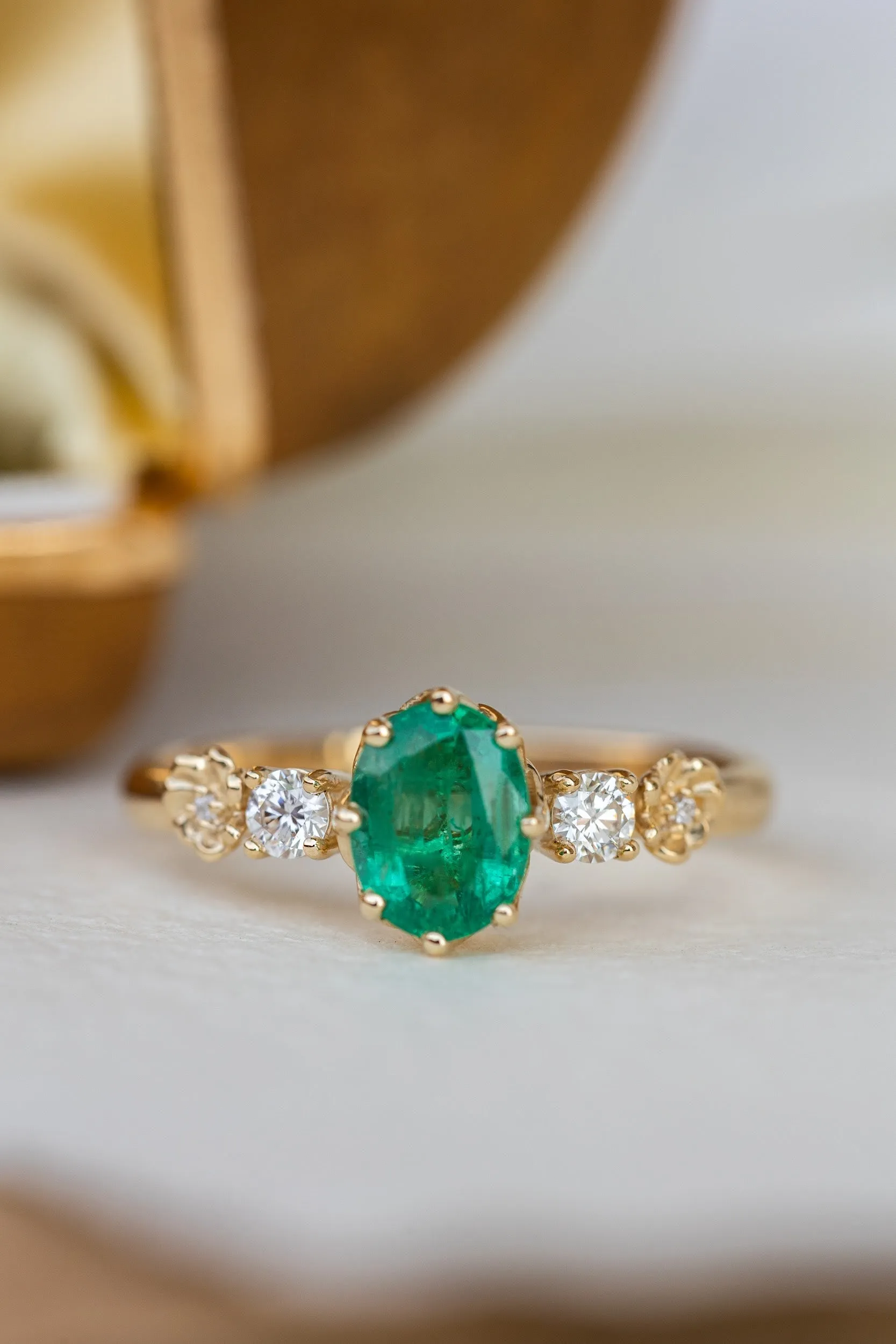 READY TO SHIP: Fiorella ring in 14K yellow gold, natural emerald oval cut 8x6 mm, accents natural diamonds, AVAILABLE RING SIZES: 8.75-10.75US