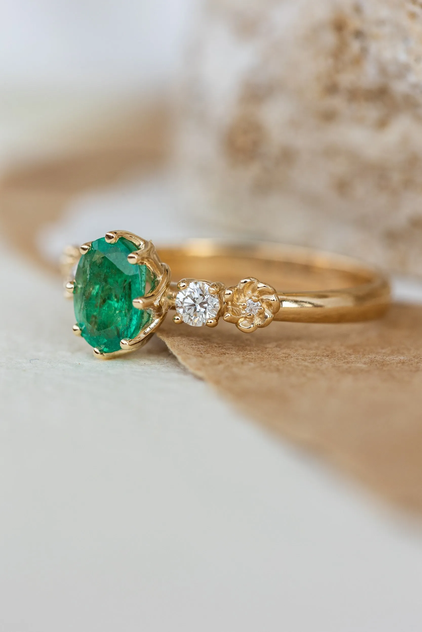 READY TO SHIP: Fiorella ring in 14K yellow gold, natural emerald oval cut 8x6 mm, accents natural diamonds, AVAILABLE RING SIZES: 8.75-10.75US