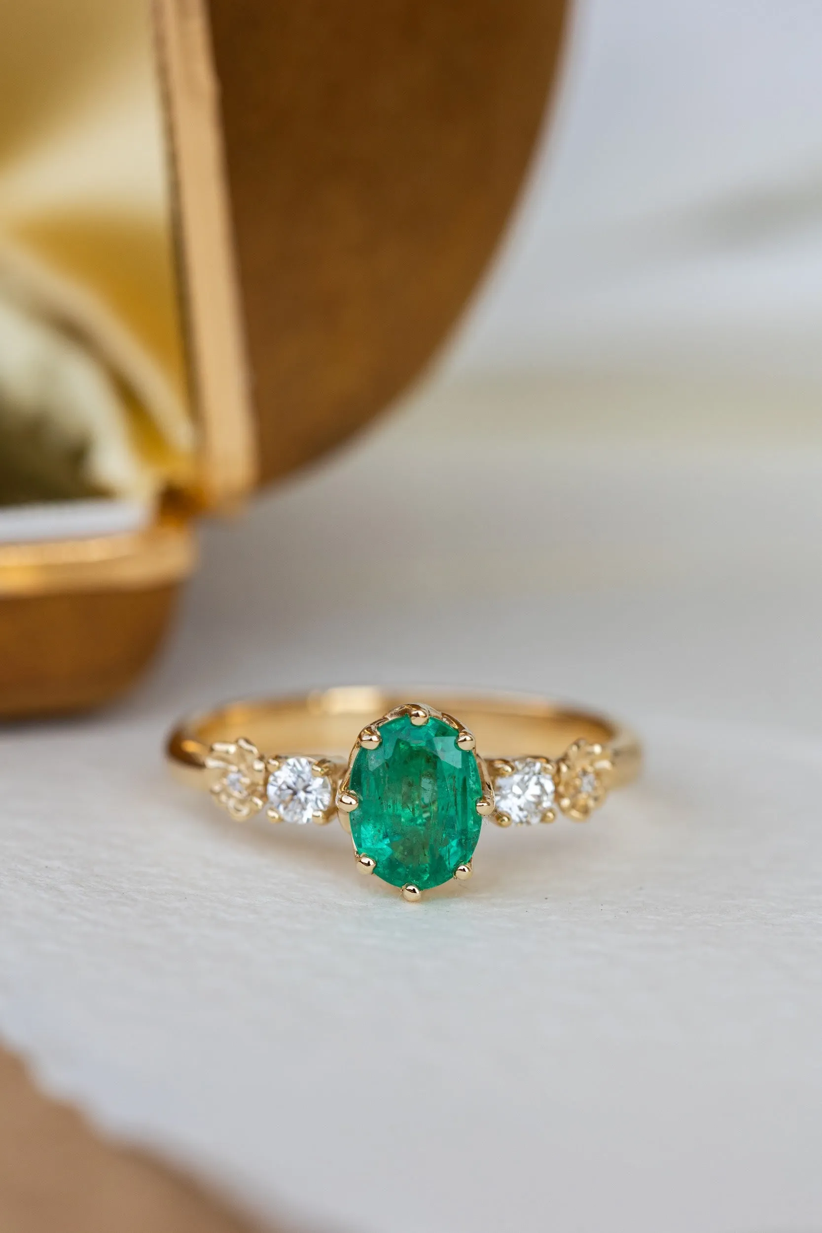READY TO SHIP: Fiorella ring in 14K yellow gold, natural emerald oval cut 8x6 mm, accents natural diamonds, AVAILABLE RING SIZES: 8.75-10.75US