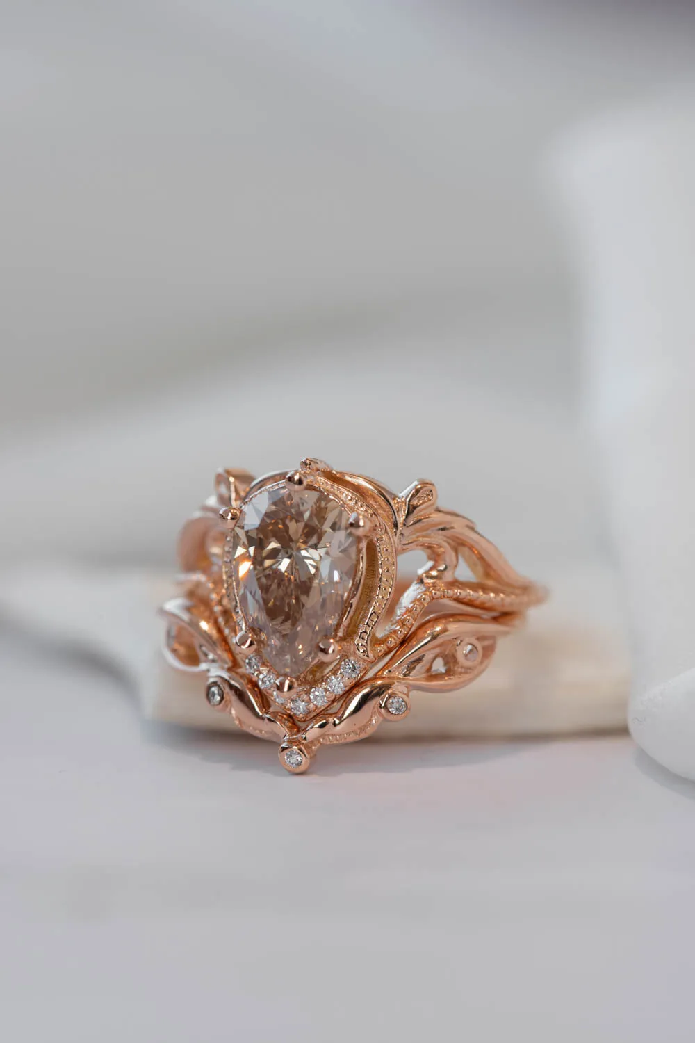 READY TO SHIP: Lida ring set in 14K rose gold, champagne colour natural diamond, pear cut 10x7 mm, accent moissanites, AVAILABLE RING SIZES: 5.5-7.5US