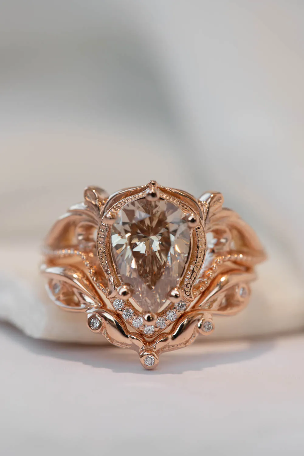 READY TO SHIP: Lida ring set in 14K rose gold, champagne colour natural diamond, pear cut 10x7 mm, accent moissanites, AVAILABLE RING SIZES: 5.5-7.5US