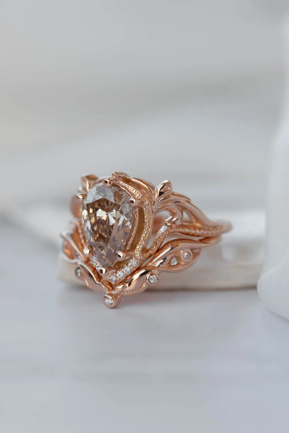 READY TO SHIP: Lida ring set in 14K rose gold, champagne colour natural diamond, pear cut 10x7 mm, accent moissanites, AVAILABLE RING SIZES: 5.5-7.5US