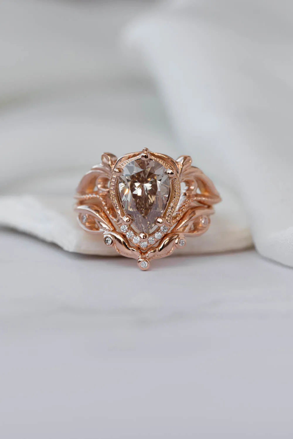 READY TO SHIP: Lida ring set in 14K rose gold, champagne colour natural diamond, pear cut 10x7 mm, accent moissanites, AVAILABLE RING SIZES: 5.5-7.5US