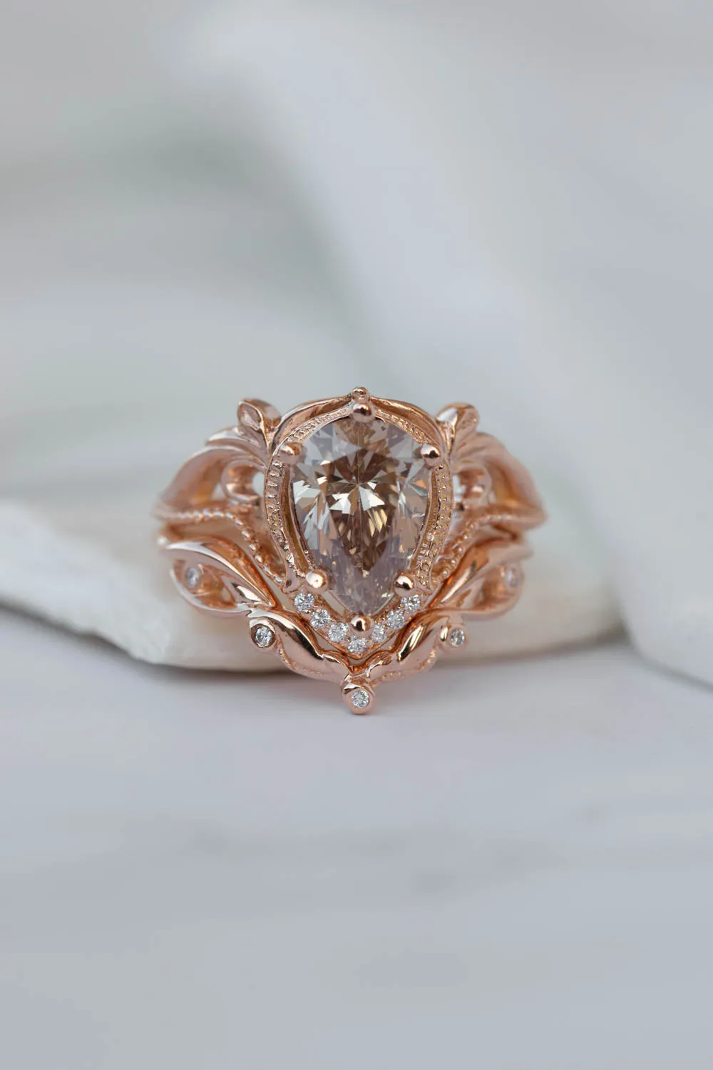 READY TO SHIP: Lida ring set in 14K rose gold, champagne colour natural diamond, pear cut 10x7 mm, accent moissanites, AVAILABLE RING SIZES: 5.5-7.5US