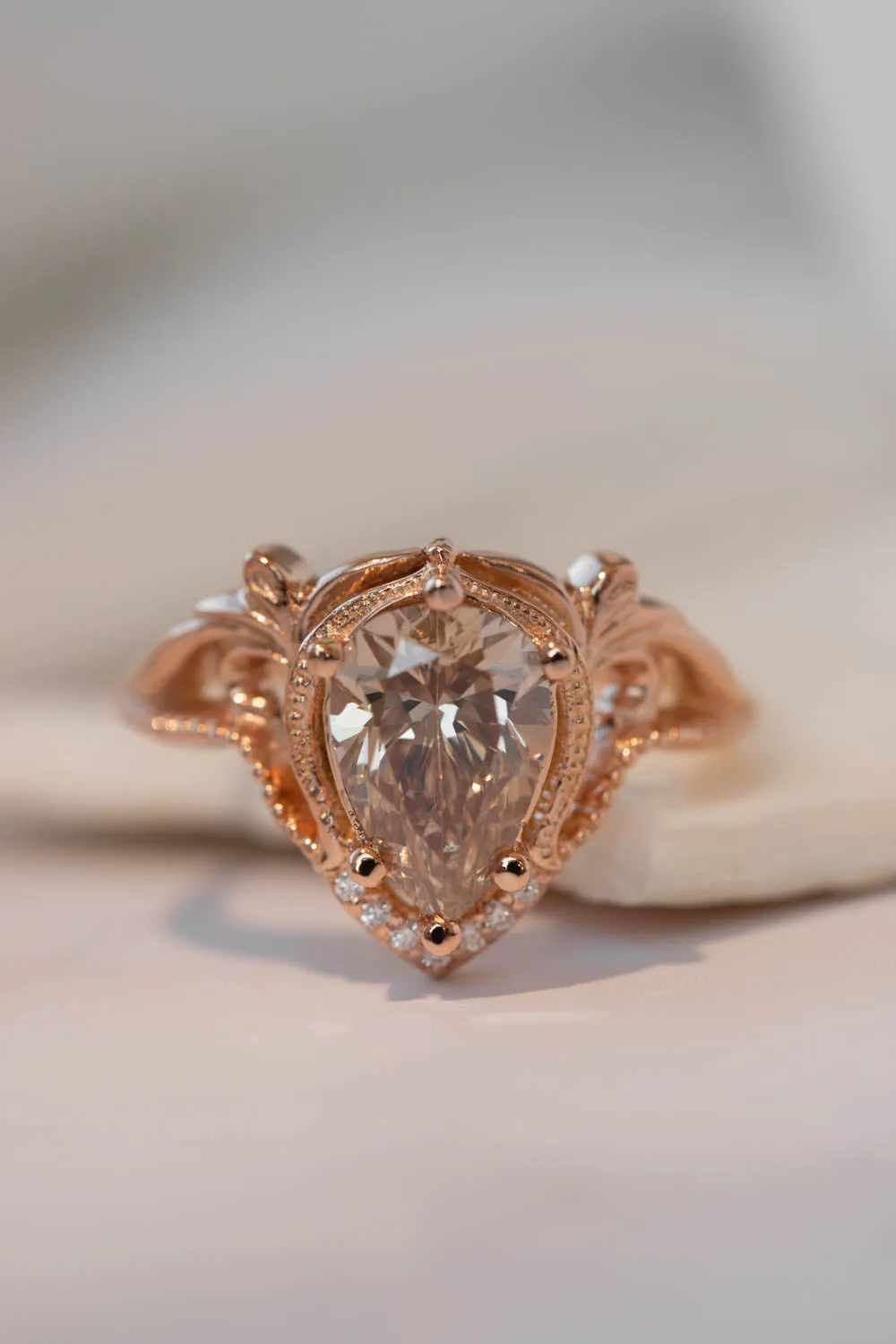 READY TO SHIP: Lida ring set in 14K rose gold, champagne colour natural diamond, pear cut 10x7 mm, accent moissanites, AVAILABLE RING SIZES: 5.5-7.5US