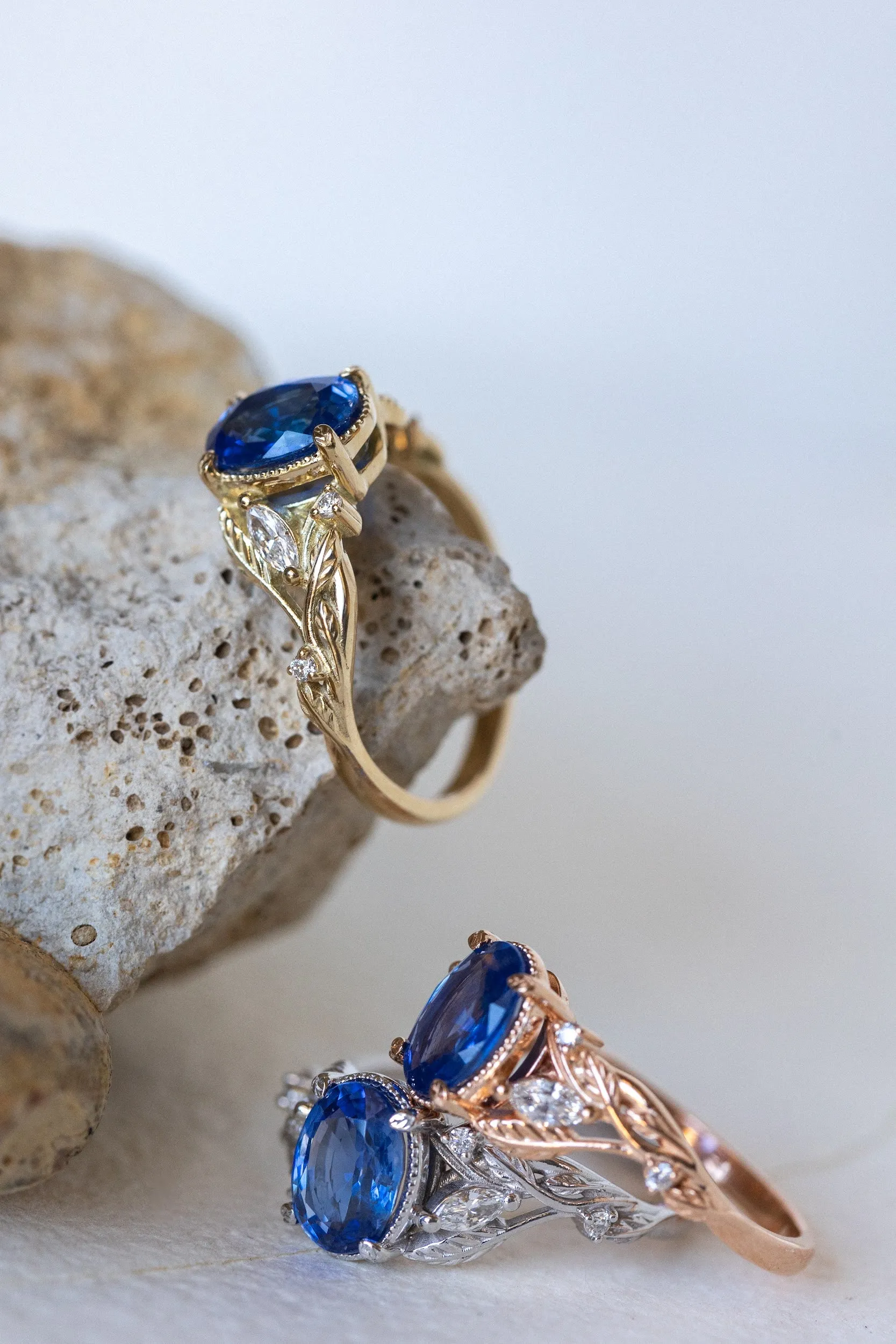 READY TO SHIP: Patricia ring in 18K rose/yellow/white gold, natural blue sapphire oval cut 8x6 mm, accent natural diamonds, AVAILABLE RING SIZES: 6-8US