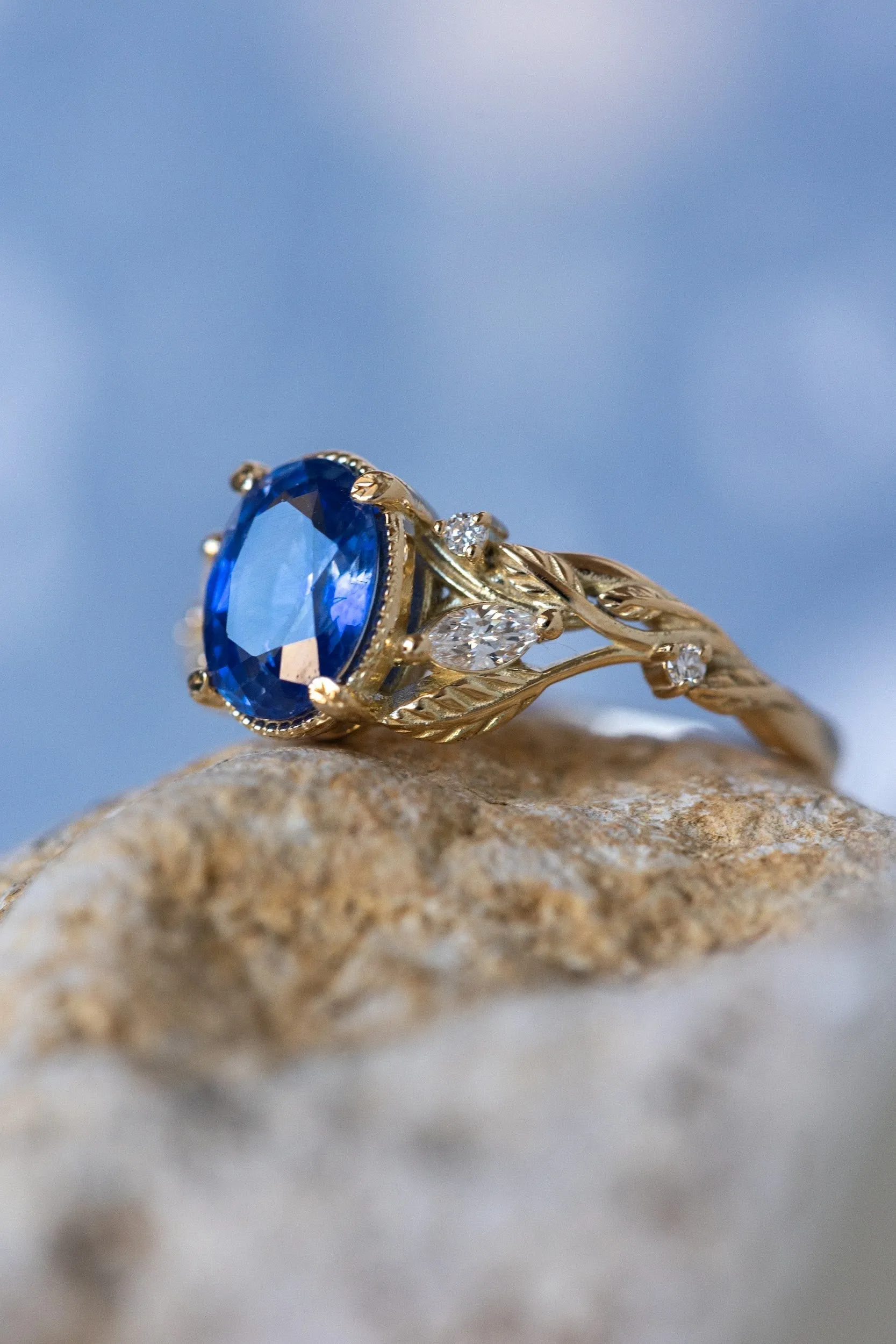 READY TO SHIP: Patricia ring in 18K rose/yellow/white gold, natural blue sapphire oval cut 8x6 mm, accent natural diamonds, AVAILABLE RING SIZES: 6-8US