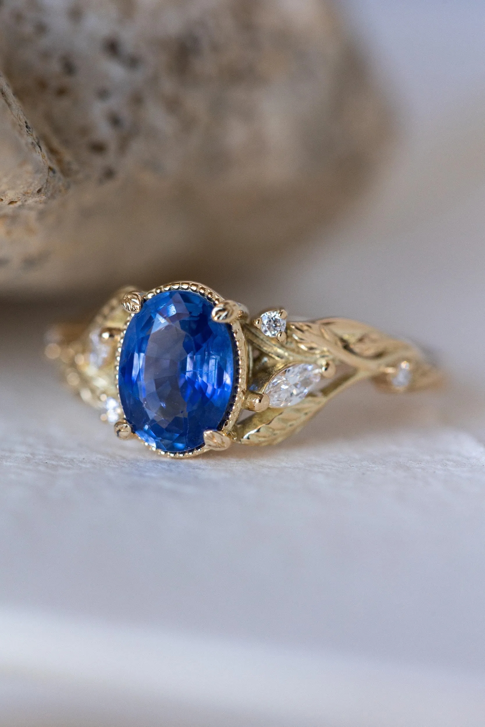 READY TO SHIP: Patricia ring in 18K rose/yellow/white gold, natural blue sapphire oval cut 8x6 mm, accent natural diamonds, AVAILABLE RING SIZES: 6-8US