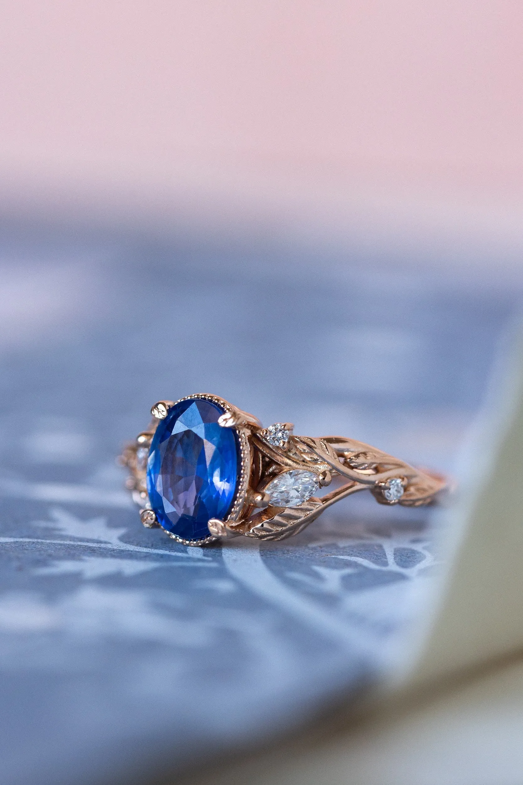 READY TO SHIP: Patricia ring in 18K rose/yellow/white gold, natural blue sapphire oval cut 8x6 mm, accent natural diamonds, AVAILABLE RING SIZES: 6-8US
