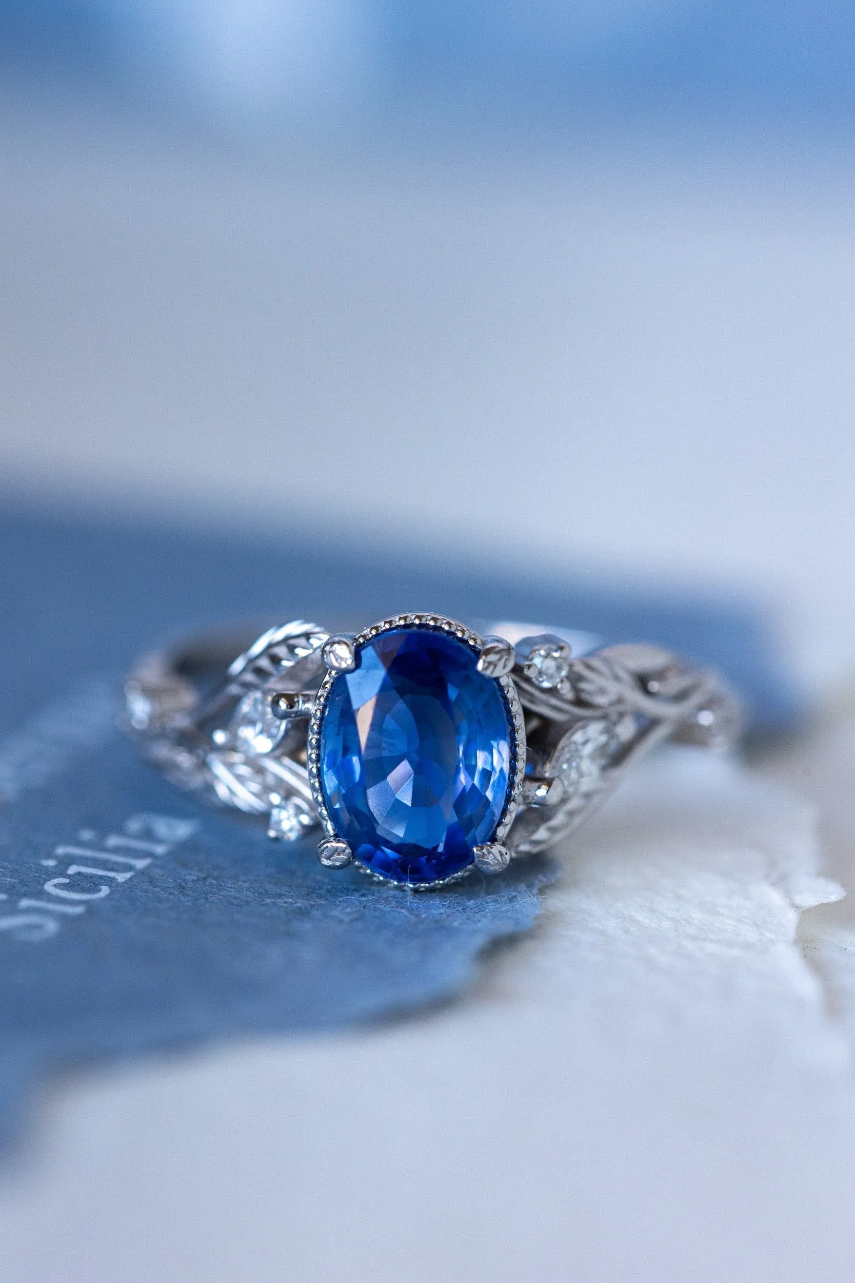 READY TO SHIP: Patricia ring in 18K rose/yellow/white gold, natural blue sapphire oval cut 8x6 mm, accent natural diamonds, AVAILABLE RING SIZES: 6-8US