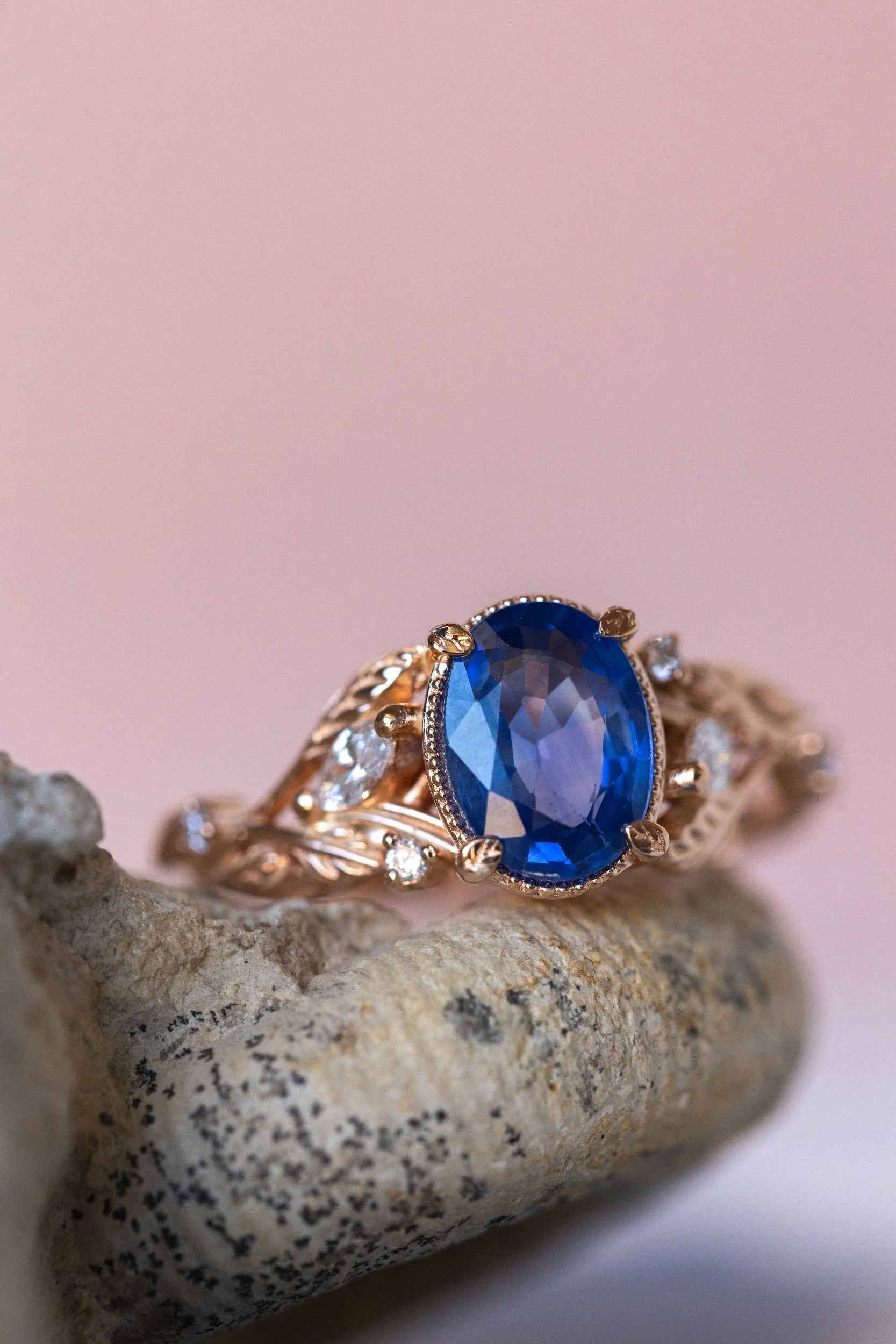 READY TO SHIP: Patricia ring in 18K rose/yellow/white gold, natural blue sapphire oval cut 8x6 mm, accent natural diamonds, AVAILABLE RING SIZES: 6-8US