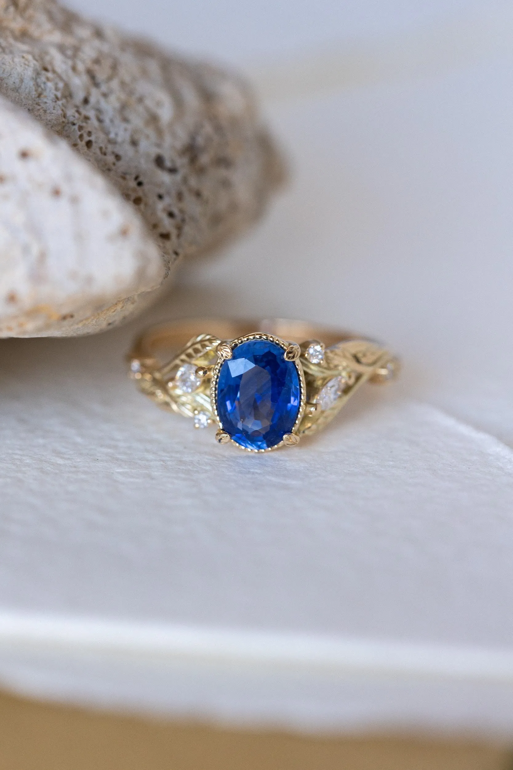 READY TO SHIP: Patricia ring in 18K rose/yellow/white gold, natural blue sapphire oval cut 8x6 mm, accent natural diamonds, AVAILABLE RING SIZES: 6-8US