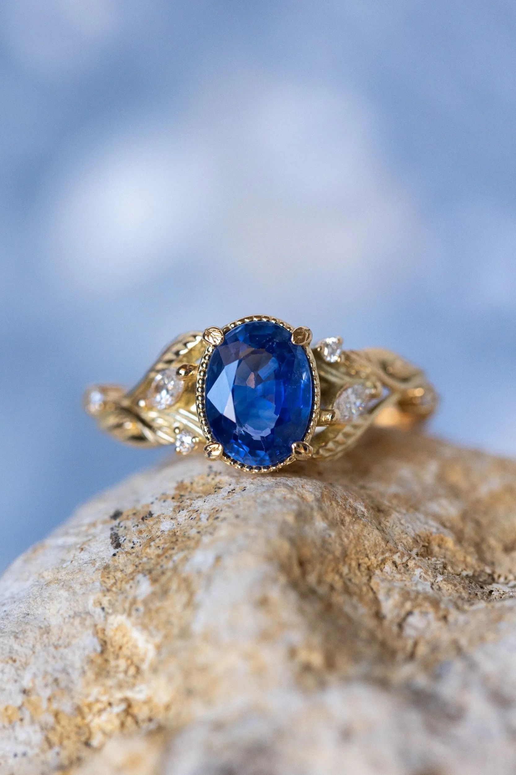 READY TO SHIP: Patricia ring in 18K rose/yellow/white gold, natural blue sapphire oval cut 8x6 mm, accent natural diamonds, AVAILABLE RING SIZES: 6-8US