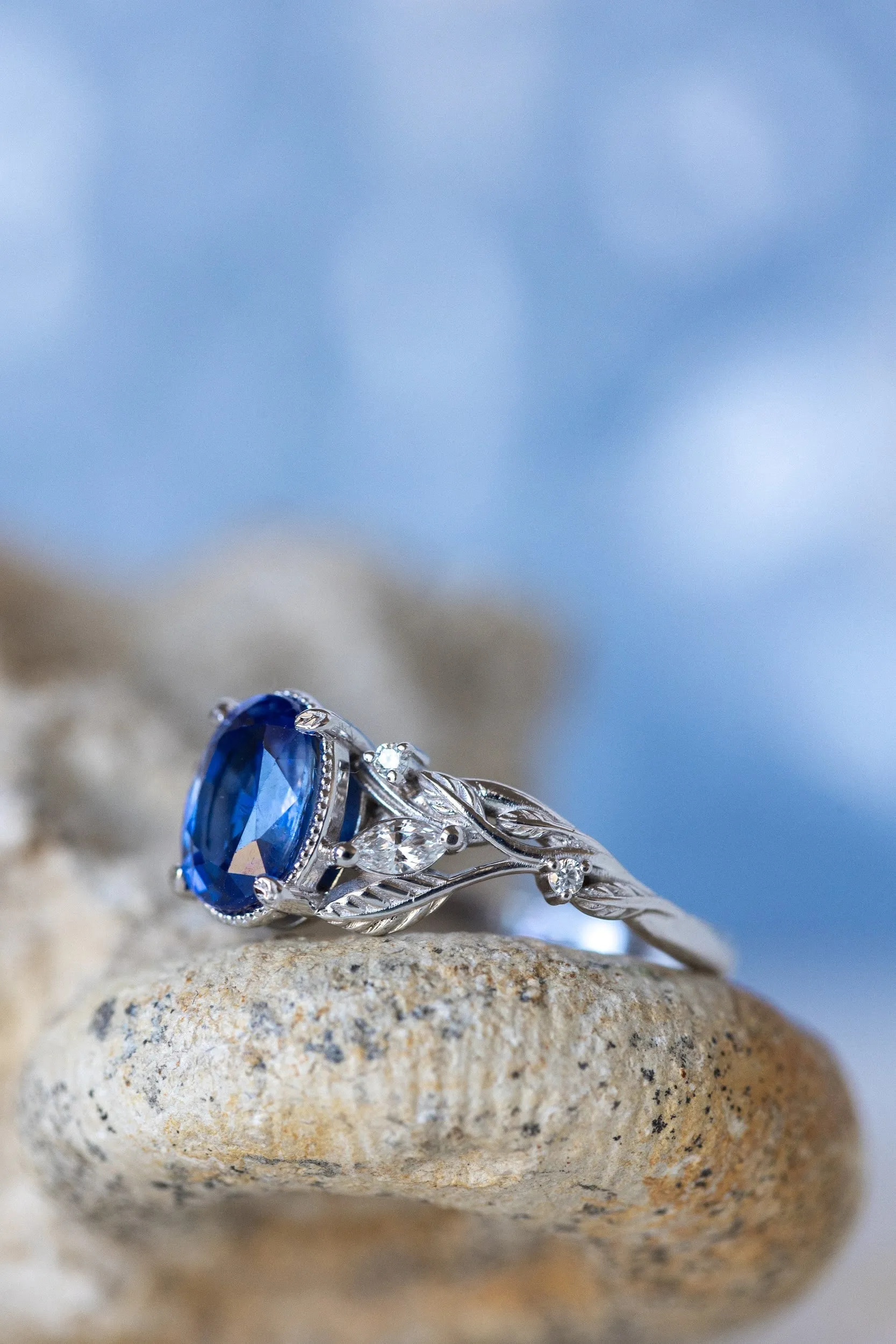 READY TO SHIP: Patricia ring in 18K rose/yellow/white gold, natural blue sapphire oval cut 8x6 mm, accent natural diamonds, AVAILABLE RING SIZES: 6-8US
