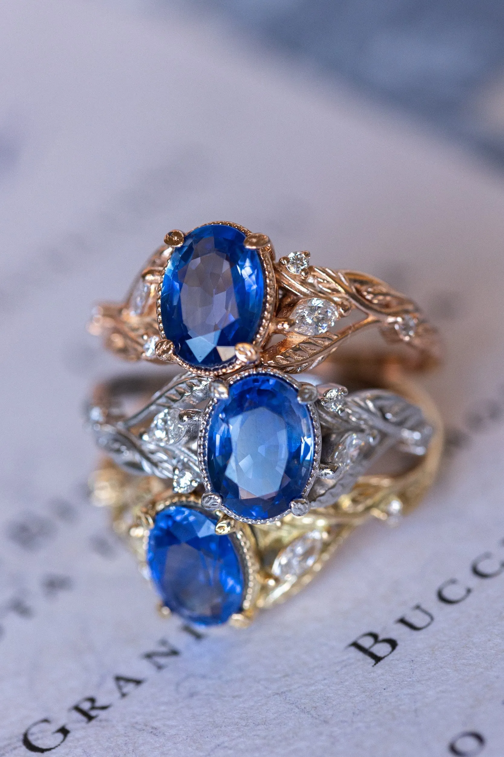 READY TO SHIP: Patricia ring in 18K rose/yellow/white gold, natural blue sapphire oval cut 8x6 mm, accent natural diamonds, AVAILABLE RING SIZES: 6-8US
